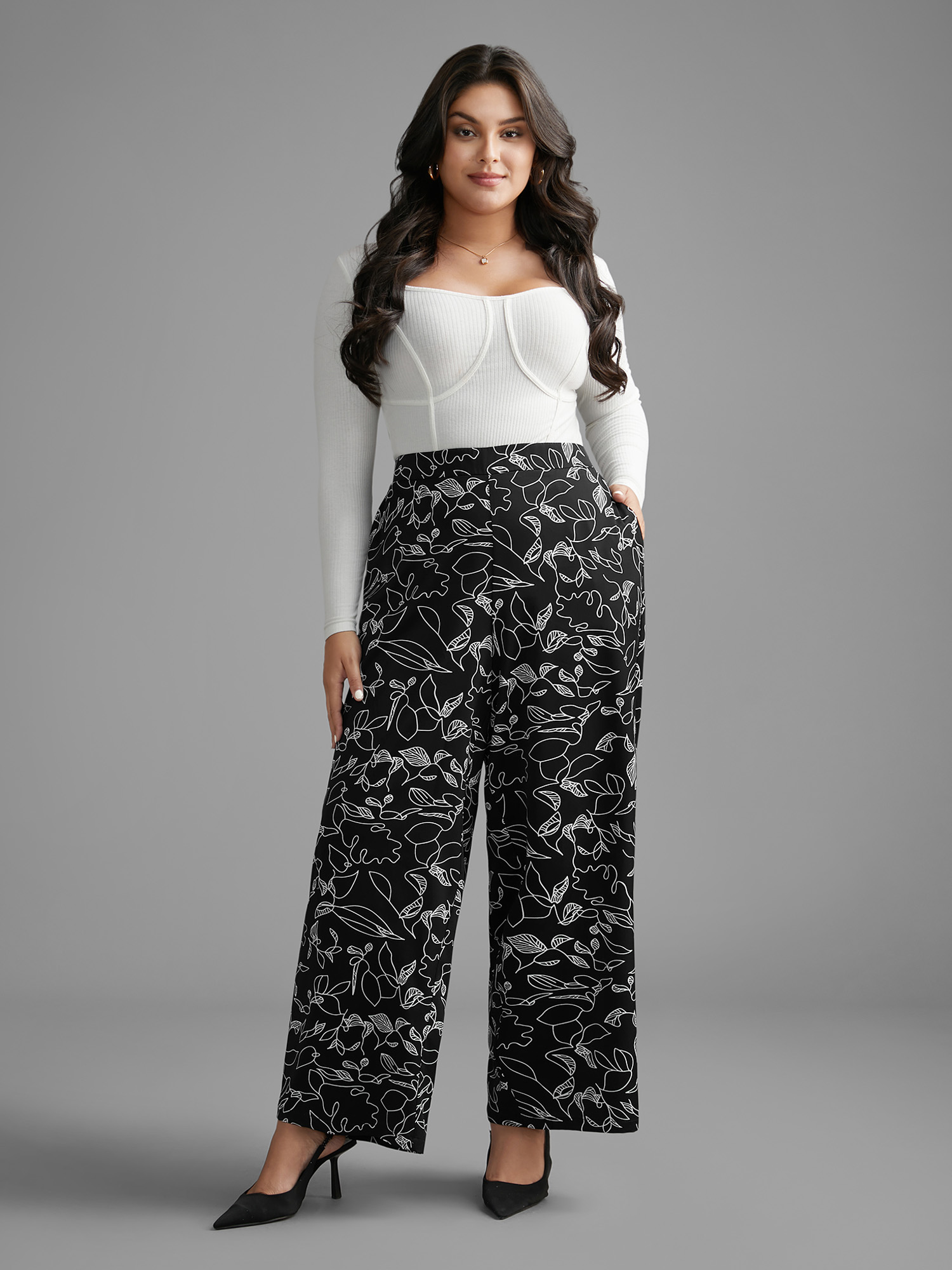 Plus Size Graffiti Print Elastic Waist Wide Leg Pants Women BlackFlower At the Office Wide Leg Mid Rise Work Pants BloomChic 30/6X 