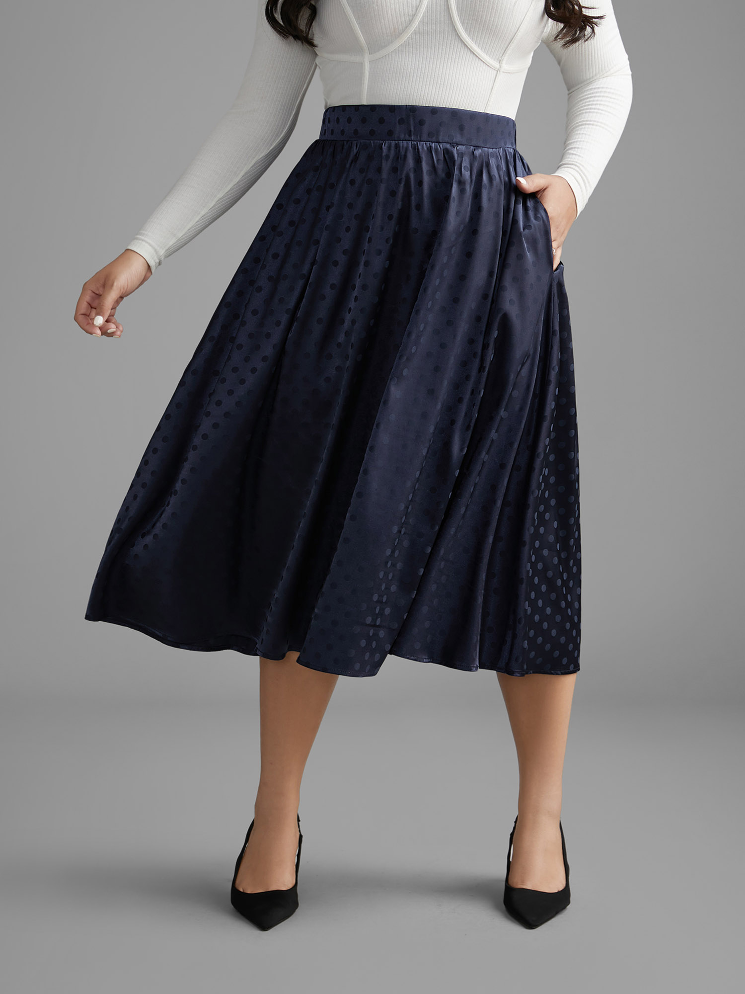 

Plus Size Polka Dot Elastic Waist Pocket Skirt Women Indigo At the Office Loose Low stretch Side seam pocket Work Skirts BloomChic