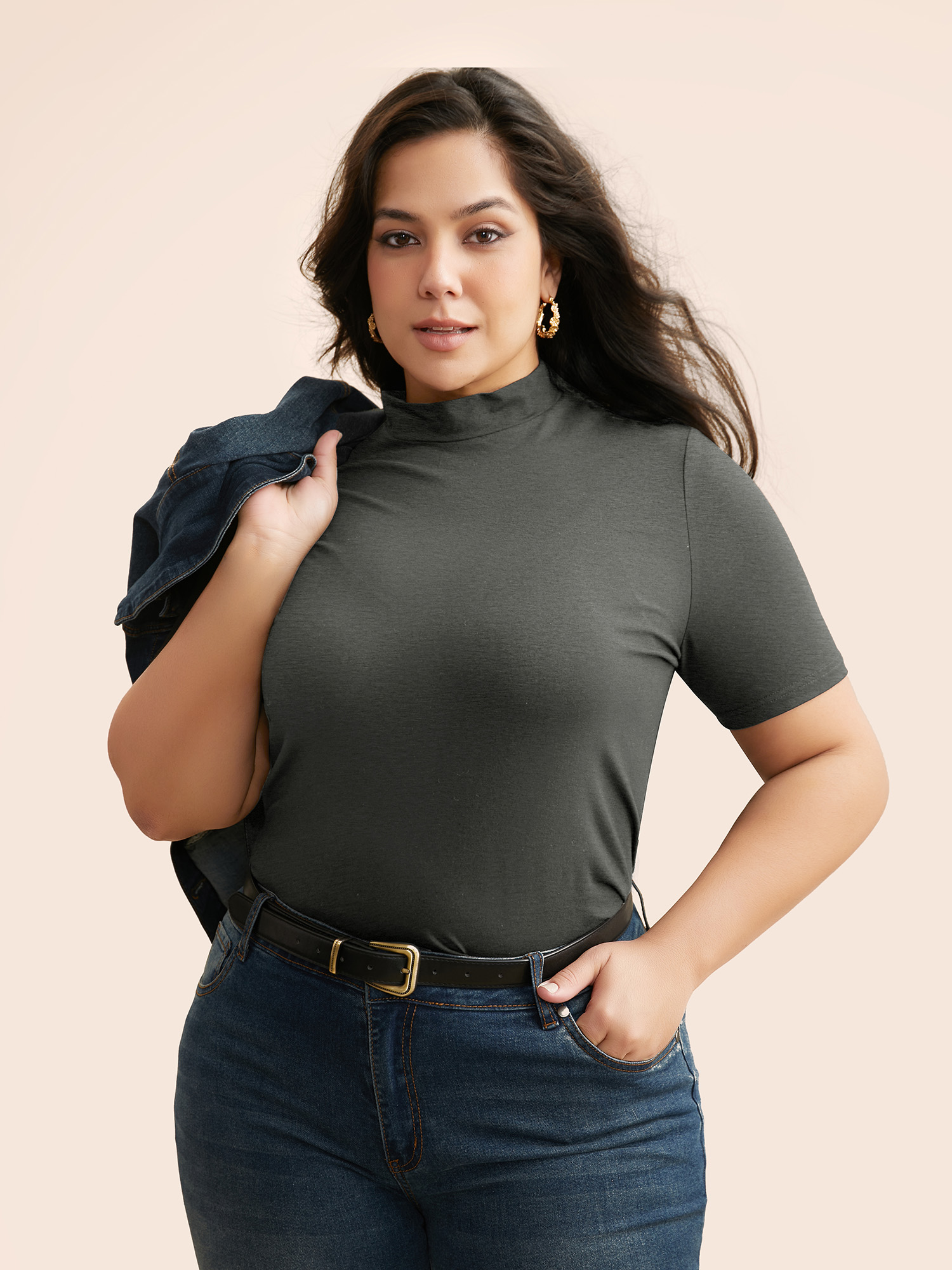 

Plus Size Supersoft Essentials Solid Mock Neck T-shirt DimGray Women Casual Non Mock Neck Skinny Everyday T-shirts BloomChic