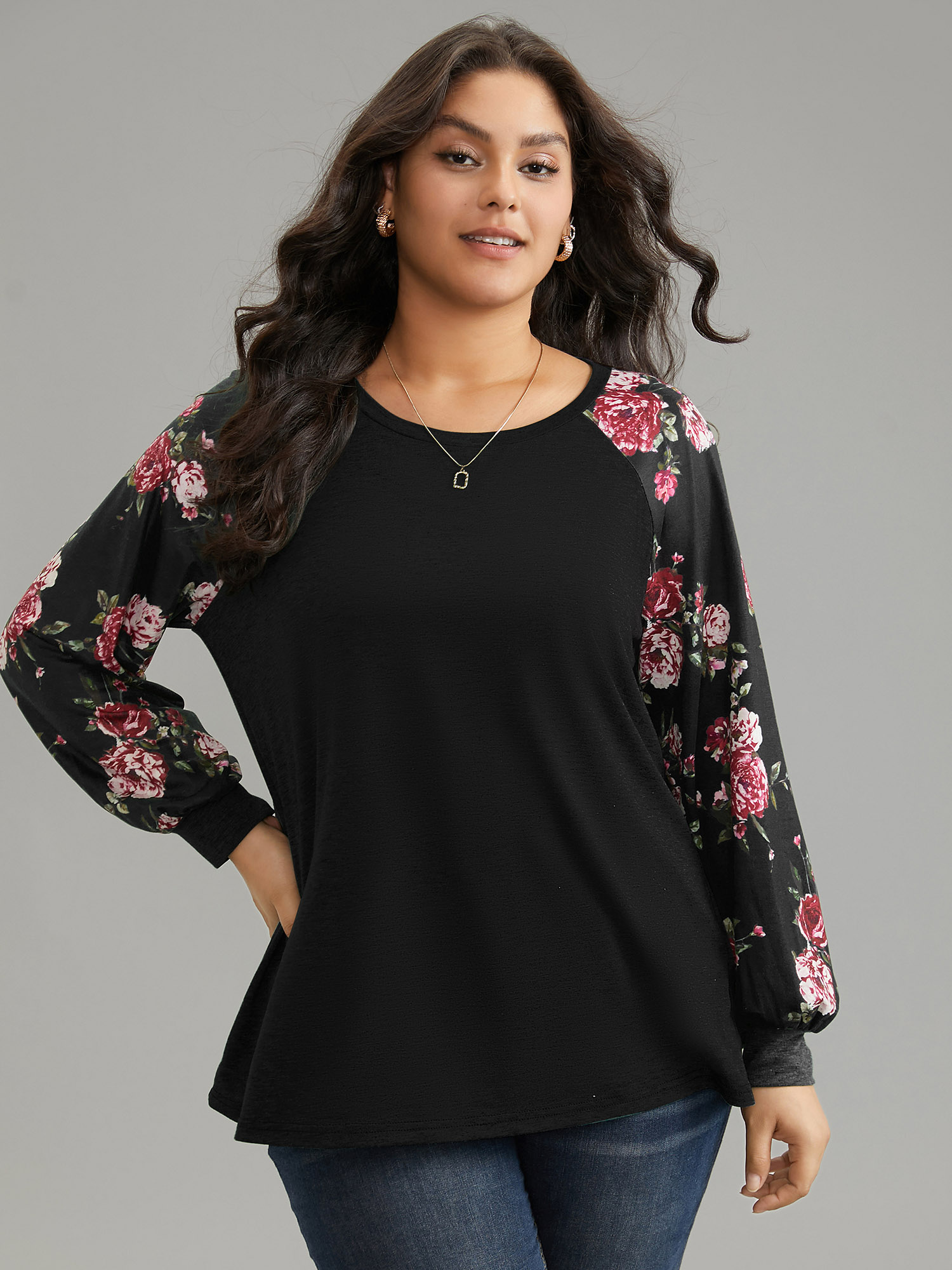 Plus Size Floral Patchwork Crew Neck Raglan Sleeve T-shirt Black Women Elegant Printed Floral Round Neck Dailywear T-shirts BloomChic 18-20/2X 