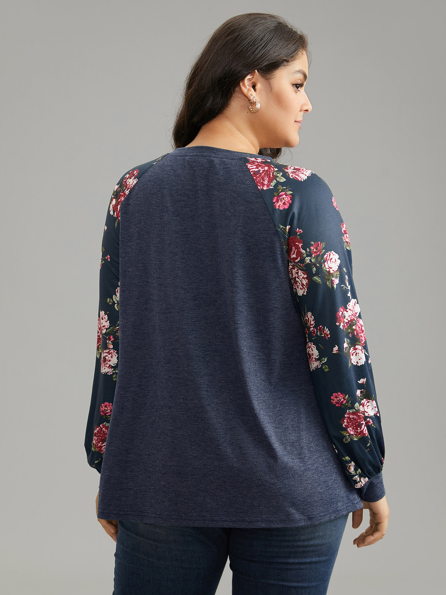Plus Size Floral Patchwork Crew Neck Raglan Sleeve T-shirt Indigo Women Elegant Printed Floral Round Neck Dailywear T-shirts BloomChic 14-16/1X 