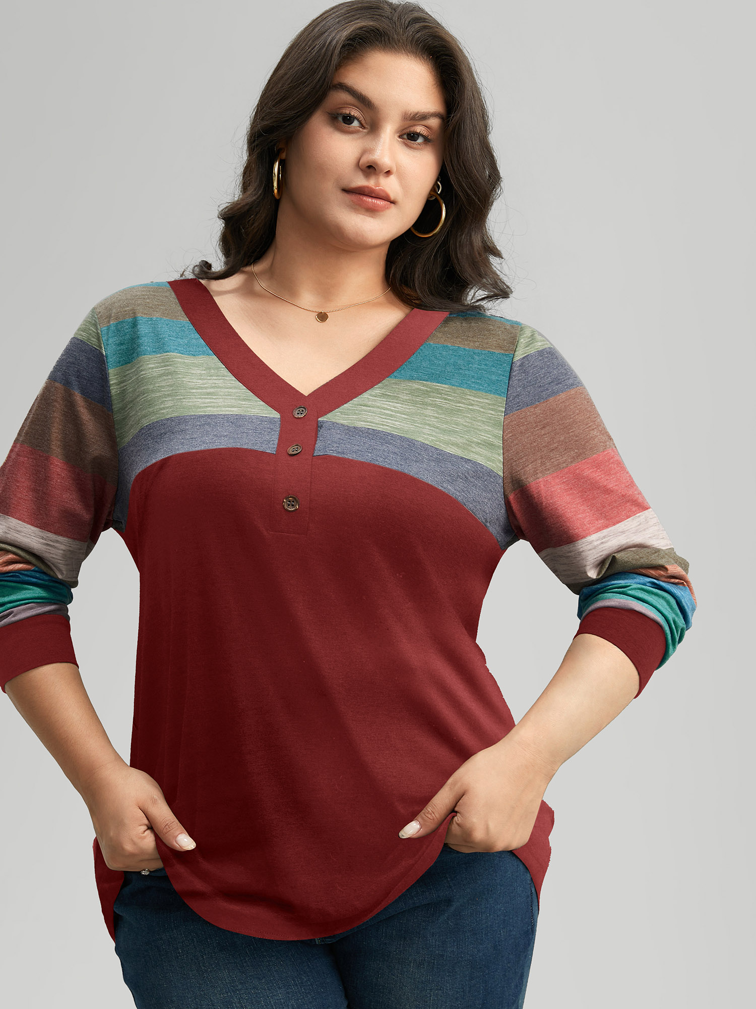 

Plus Size Colorblock Contrast V Neck Button Up T-shirt Scarlet Women Casual Elastic cuffs Striped V-neck Everyday T-shirts BloomChic