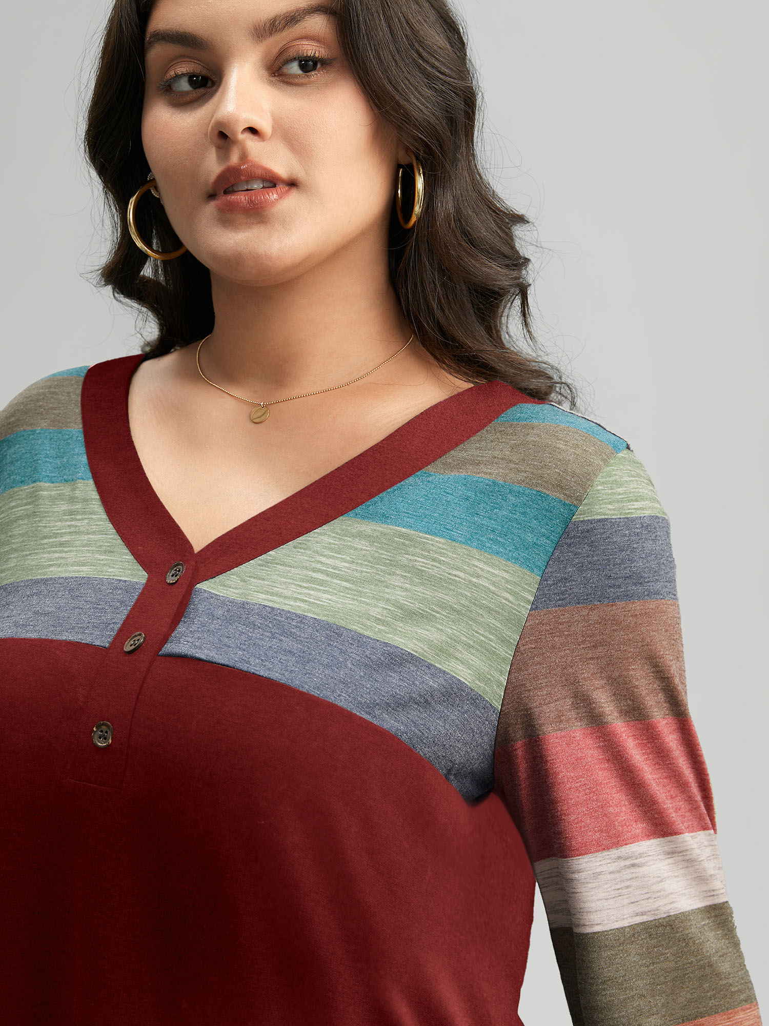 

Plus Size Colorblock Contrast V Neck Button Up T-shirt Scarlet Women Casual Elastic cuffs Striped V-neck Everyday T-shirts BloomChic