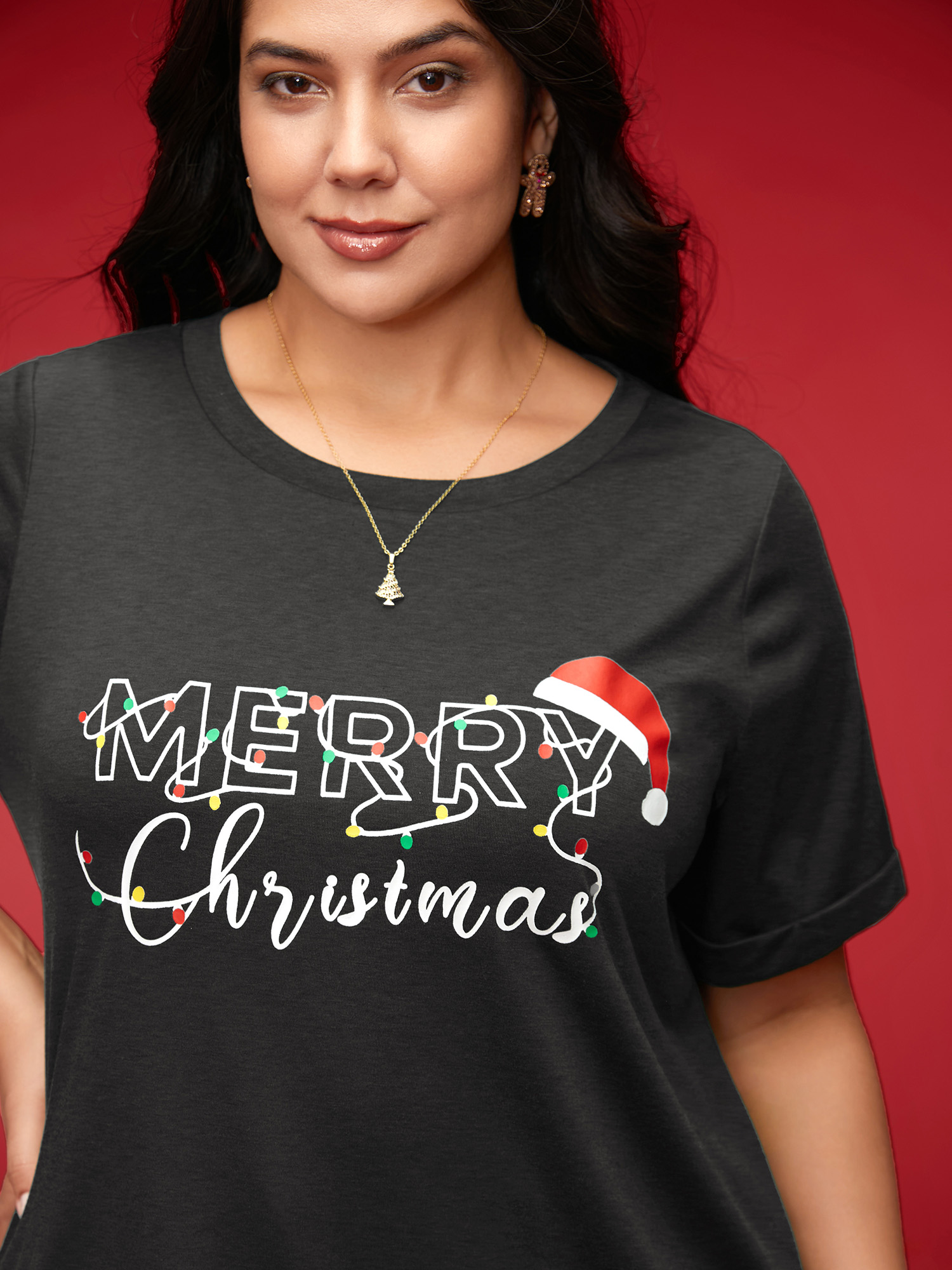 

Plus Size Festive Print Half-Sleeves Tee DarkGray Women Casual Roll Hem Christmas Round Neck Everyday T-shirts BloomChic