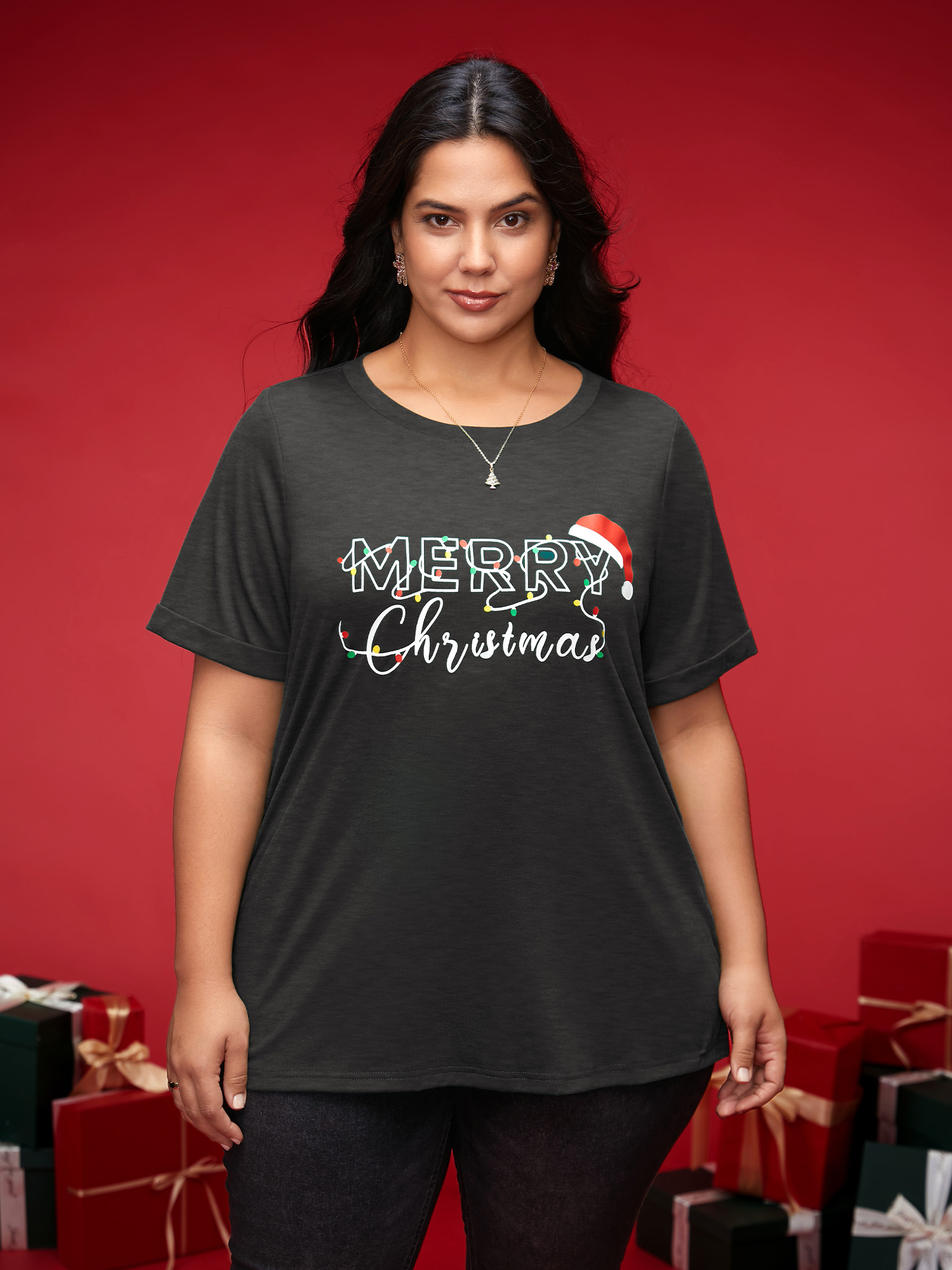 

Plus Size Festive Print Half-Sleeves Tee DarkGray Women Casual Roll Hem Christmas Round Neck Everyday T-shirts BloomChic