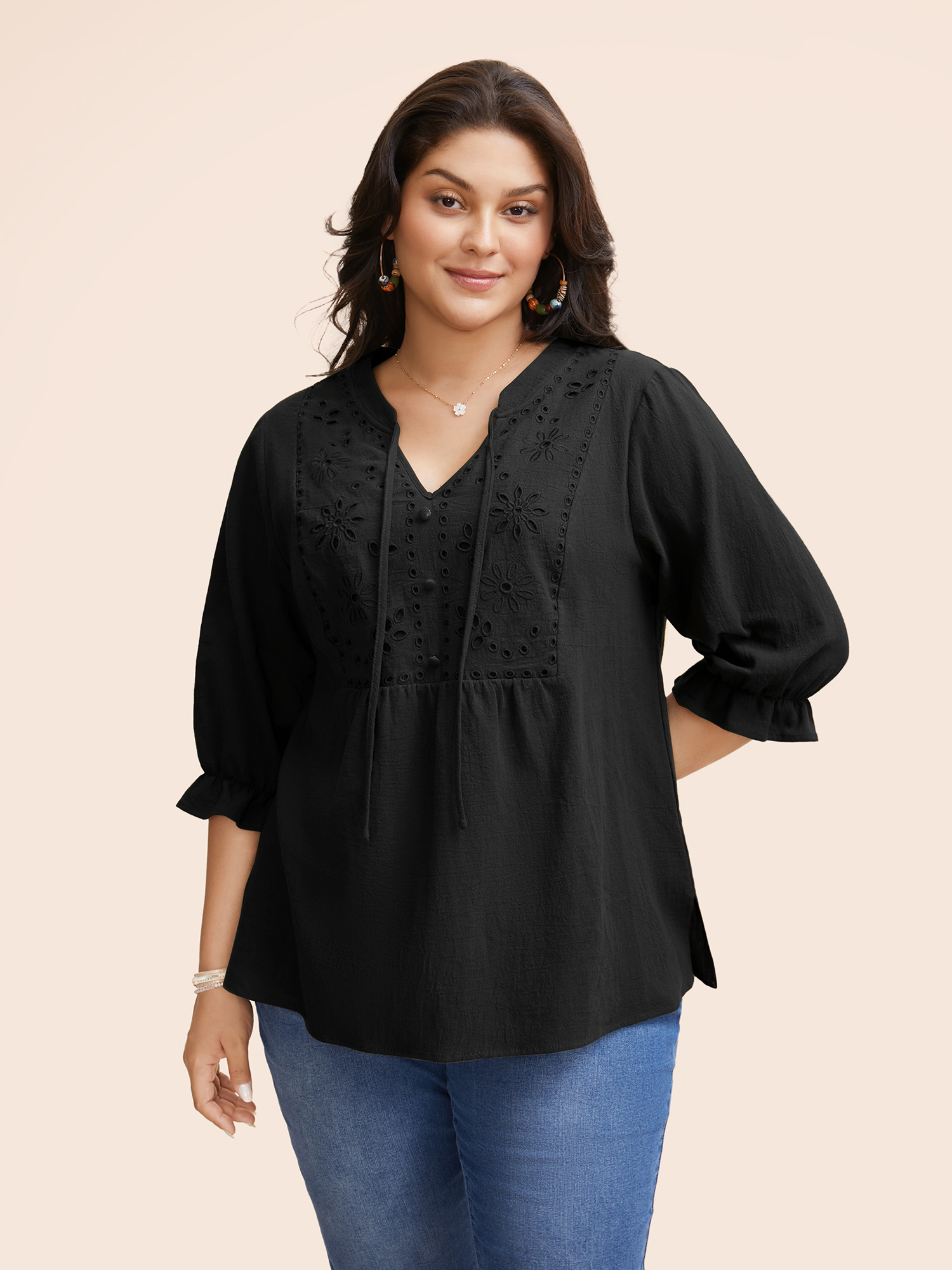 

Plus Size Black Broderie Anglaise Tie Knot Lantern Sleeve Blouse Women Resort Elbow-length sleeve Notched collar Vacation Blouses BloomChic