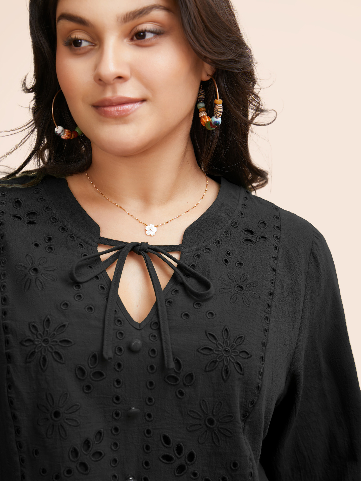 

Plus Size Black Broderie Anglaise Tie Knot Lantern Sleeve Blouse Women Resort Elbow-length sleeve Notched collar Vacation Blouses BloomChic