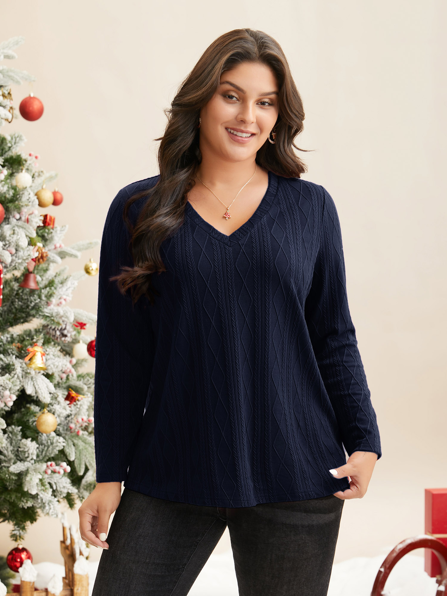 

Plus Size V-neck Cable Knit Slim-Fit Tee Indigo Women Casual Texture V-neck Everyday T-shirts BloomChic