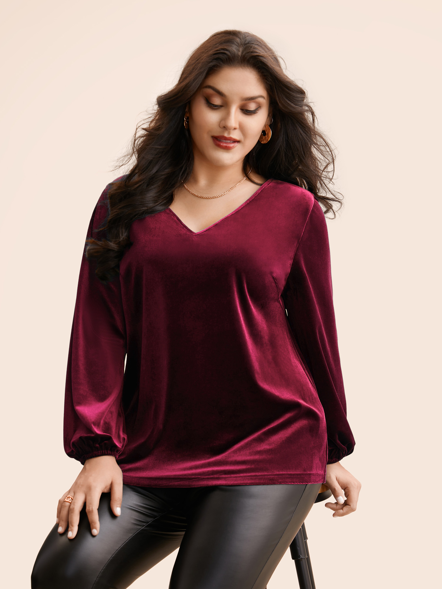 

Plus Size Burgundy V Neck Velvet Lantern Sleeve Blouse Women Elegant Long Sleeve V-neck Everyday Blouses BloomChic