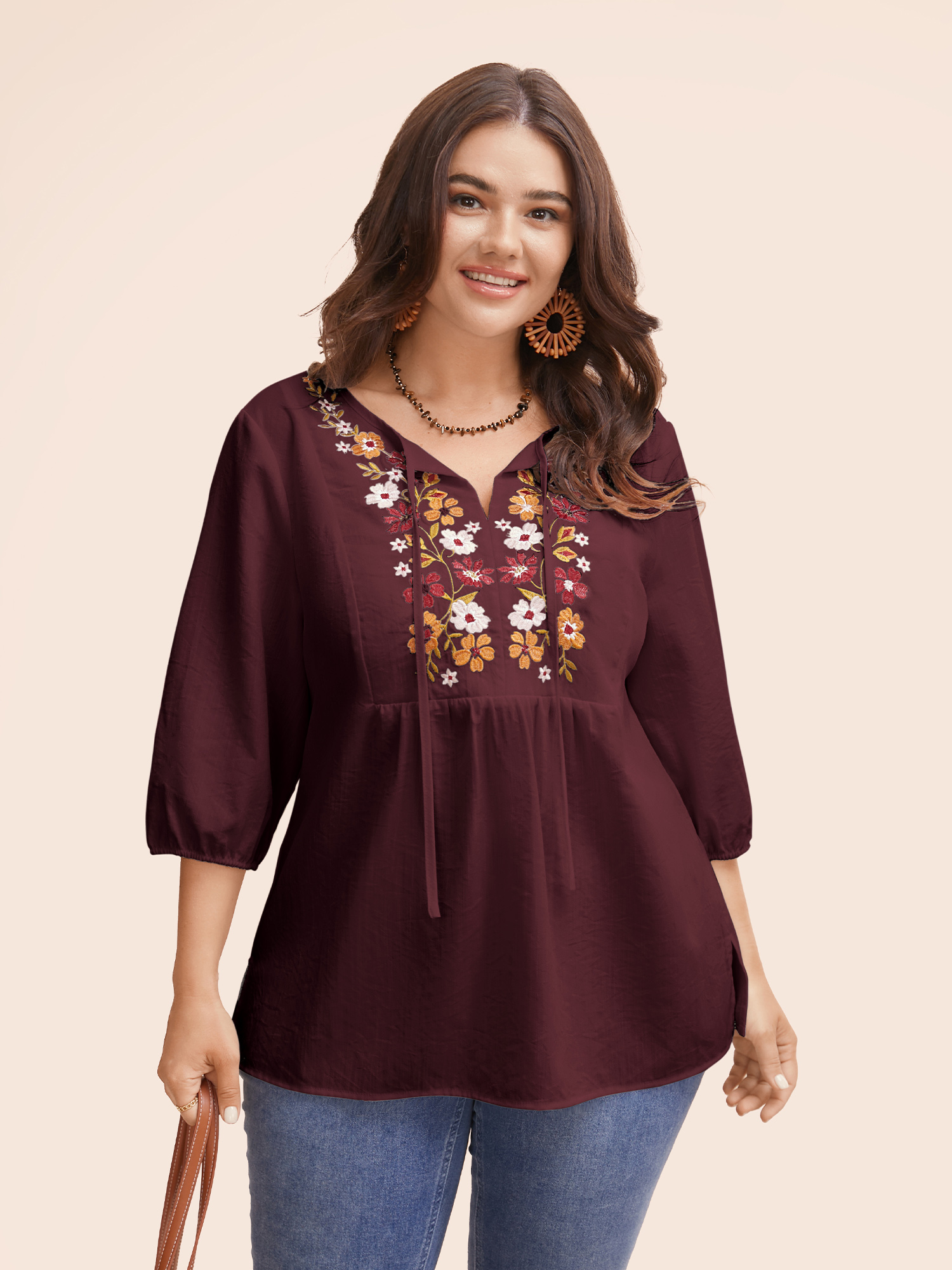 

Plus Size Burgundy Floral Embroidered Tie Knot Lantern Sleeve Blouse Women Resort Elbow-length sleeve V-neck Vacation Blouses BloomChic