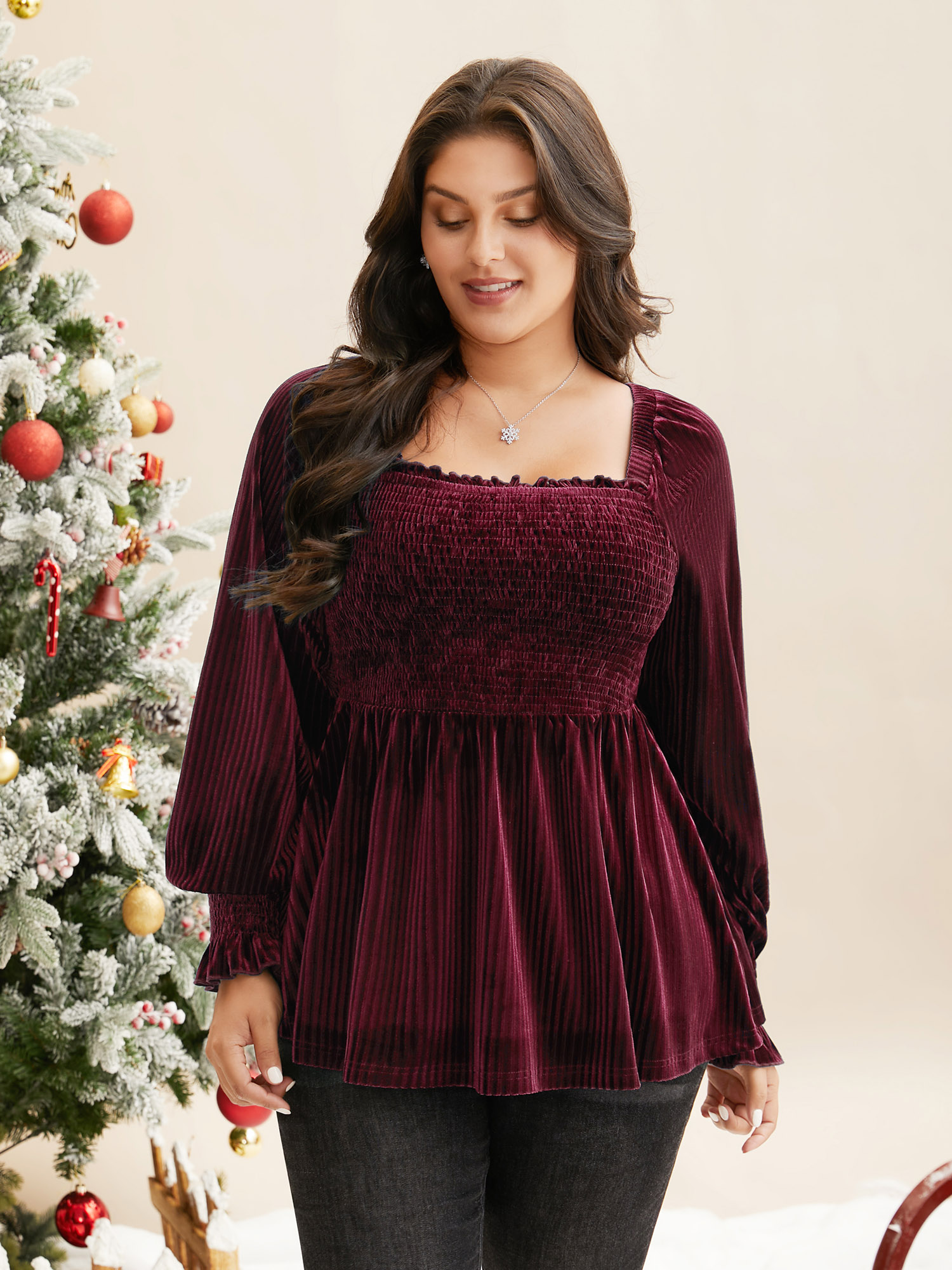 

Plus Size Velvet Smocked Bodice Jersey Top Burgundy Square Neck Extra Long Sleeve Elegant Jersey Tops