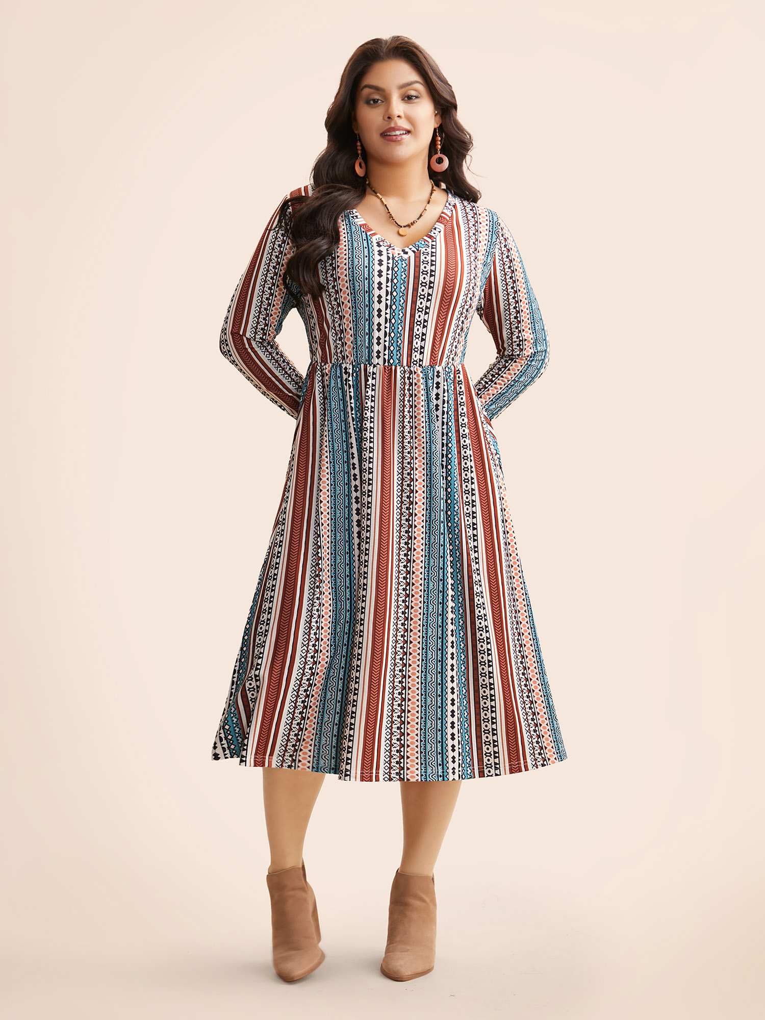 

Plus Size Bandana Striped V Neck Midi Dress Multicolor Women Resort Non V-neck Long Sleeve Curvy BloomChic