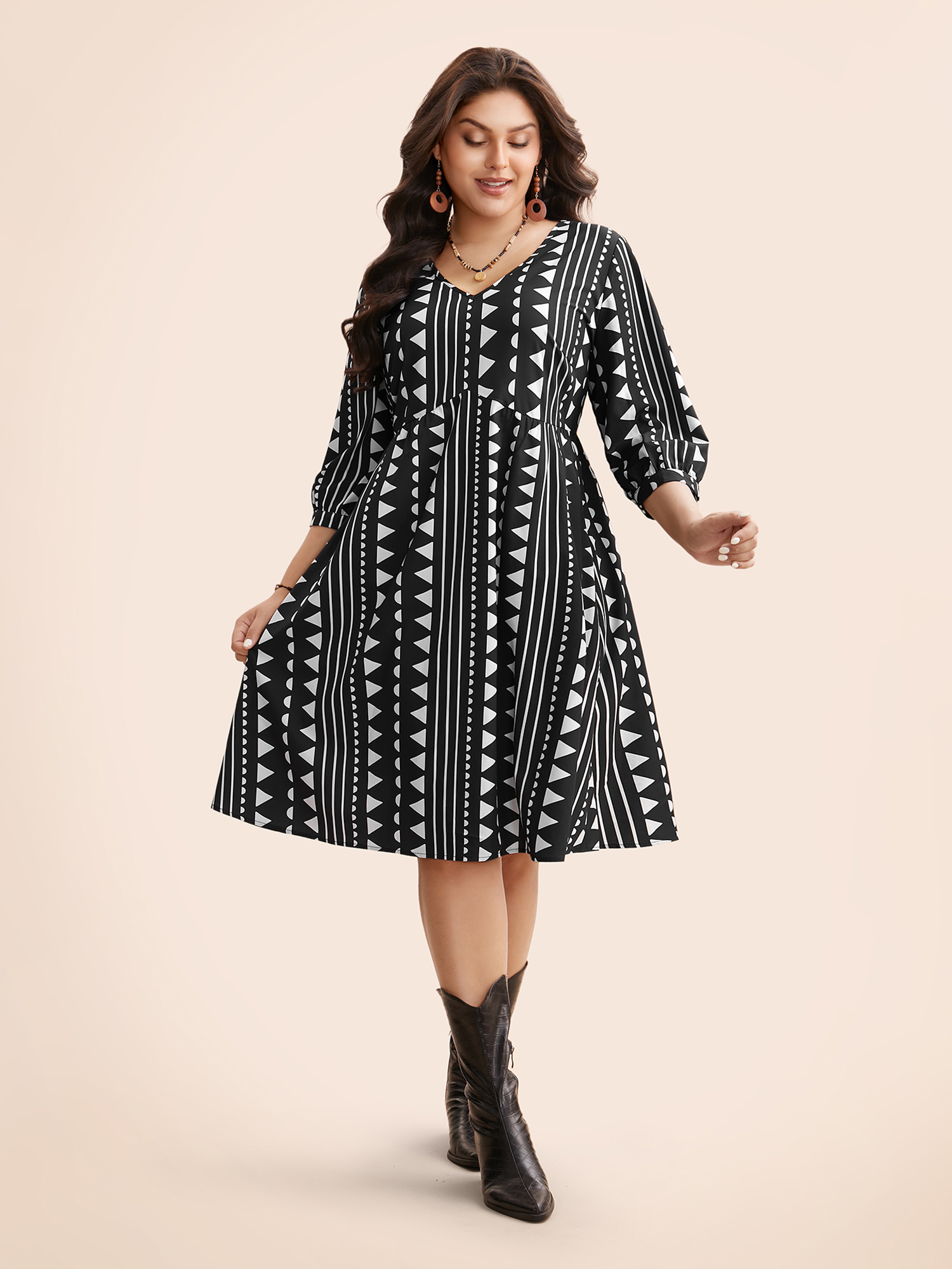 

Plus Size Geometric V Neck Lantern Sleeve Dress Black Women Resort Non V-neck Elbow-length sleeve Curvy BloomChic