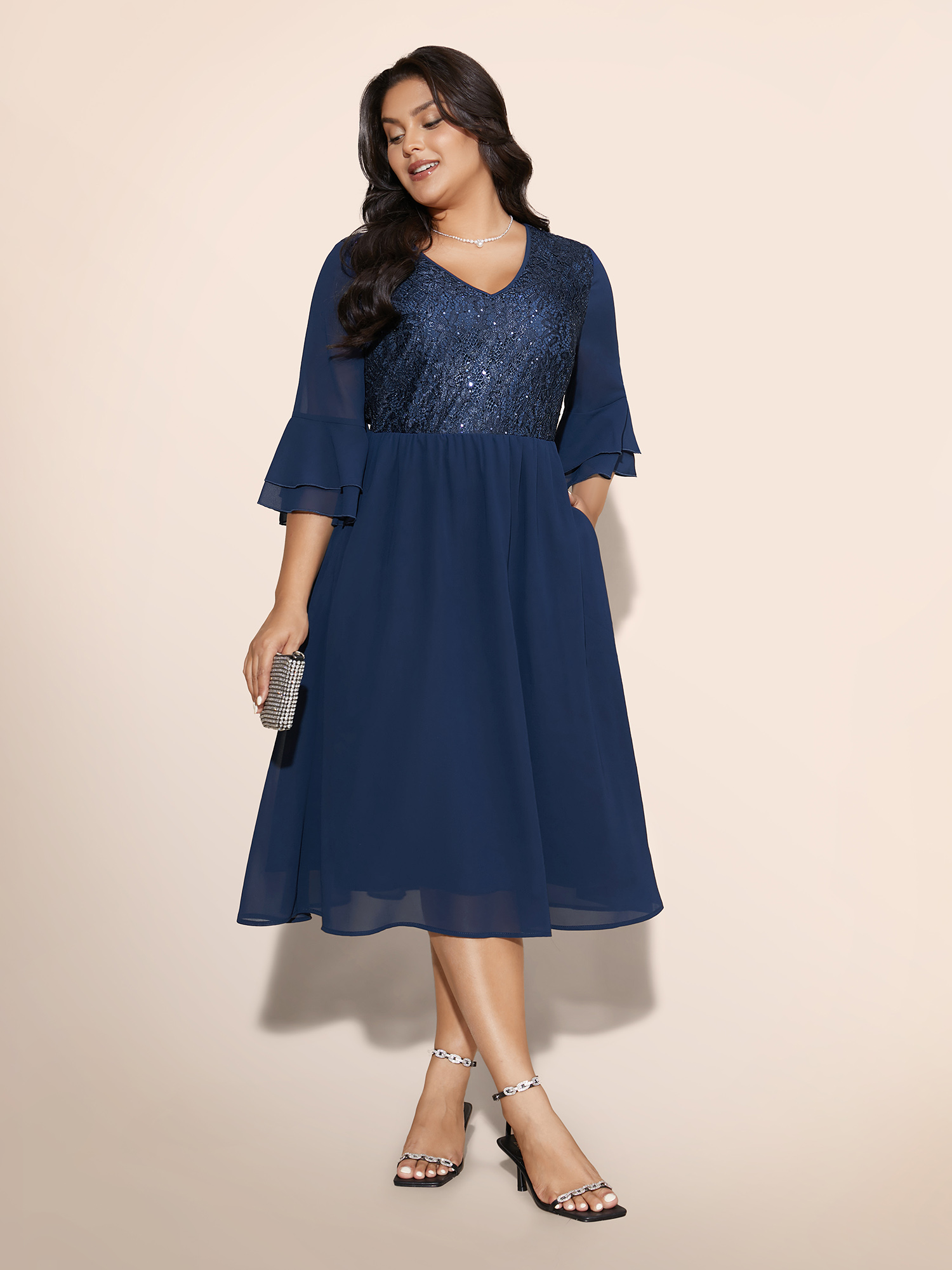 

Plus Size Patchwork Sequin Tiered Ruffle Sleeve Dress DarkBlue Women Cocktail Texture Party Curvy Bloomchic