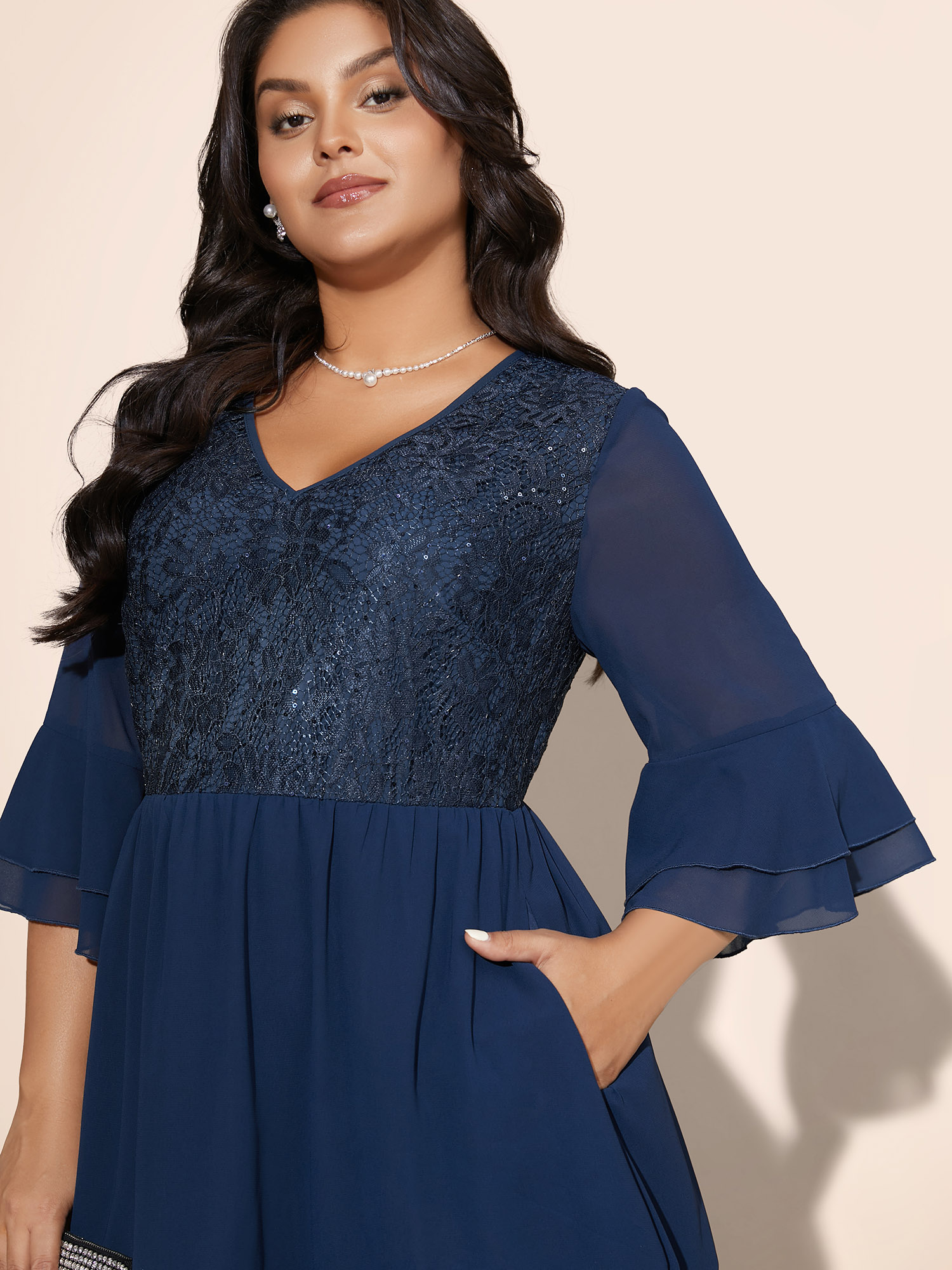 

Plus Size Patchwork Sequin Tiered Ruffle Sleeve Dress DarkBlue Women Cocktail Texture Party Curvy Bloomchic