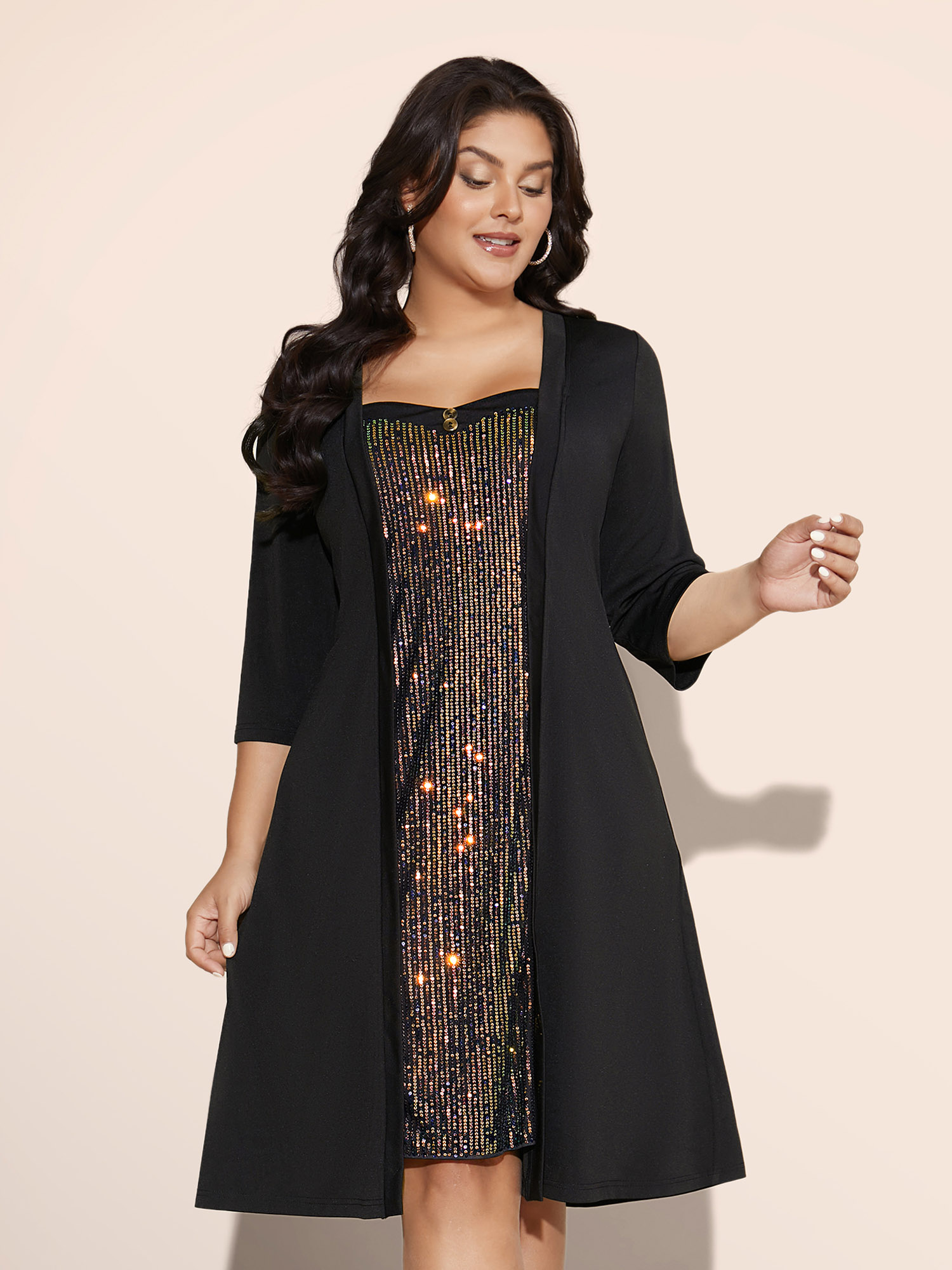 

Plus Size Heart Neckline Patchwork Sequin Button Detail Dress Black Women Cocktail Texture Party Curvy Bloomchic