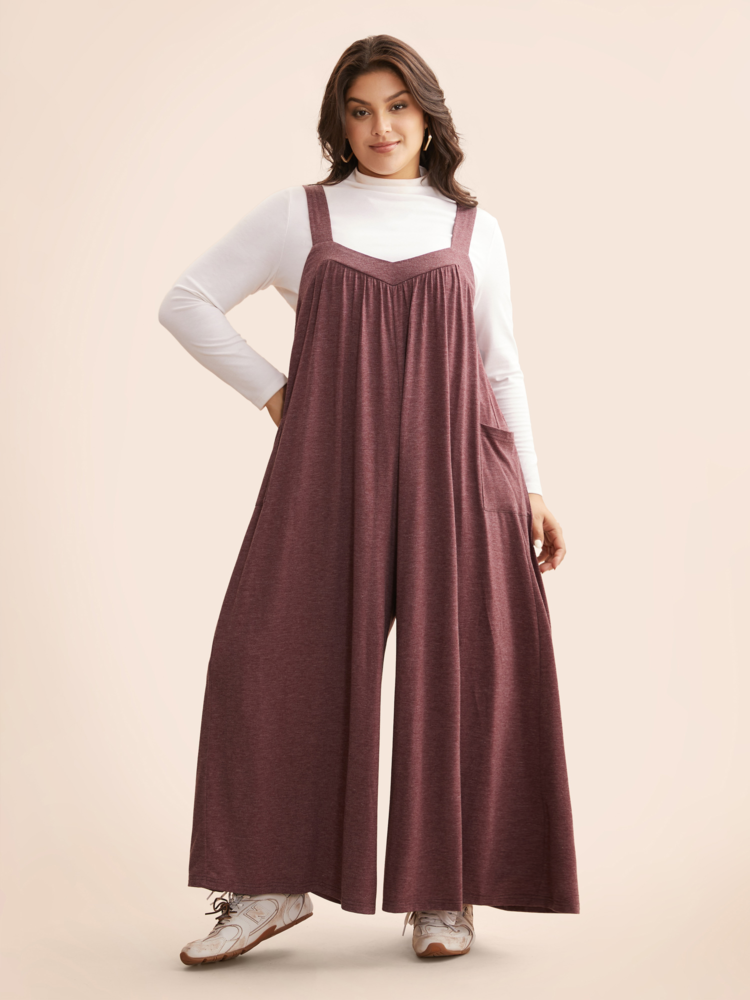 

Plus Size Burgundy Heather Gathered Loose-Fit Jumpsuit Women Casual Sleeveless Heart neckline Everyday Loose Jumpsuits BloomChic