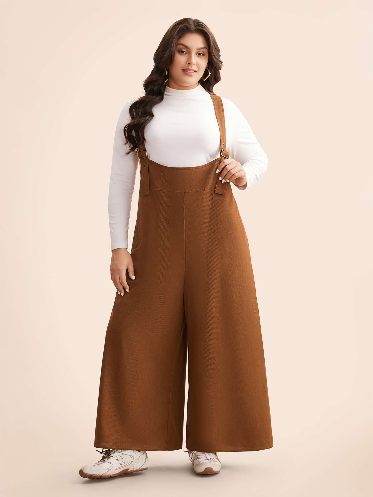 

Plus Size Bronze Corduroy Button Detail Adjustable Straps Jumpsuit Women Casual Sleeveless Non Everyday Loose Jumpsuits BloomChic