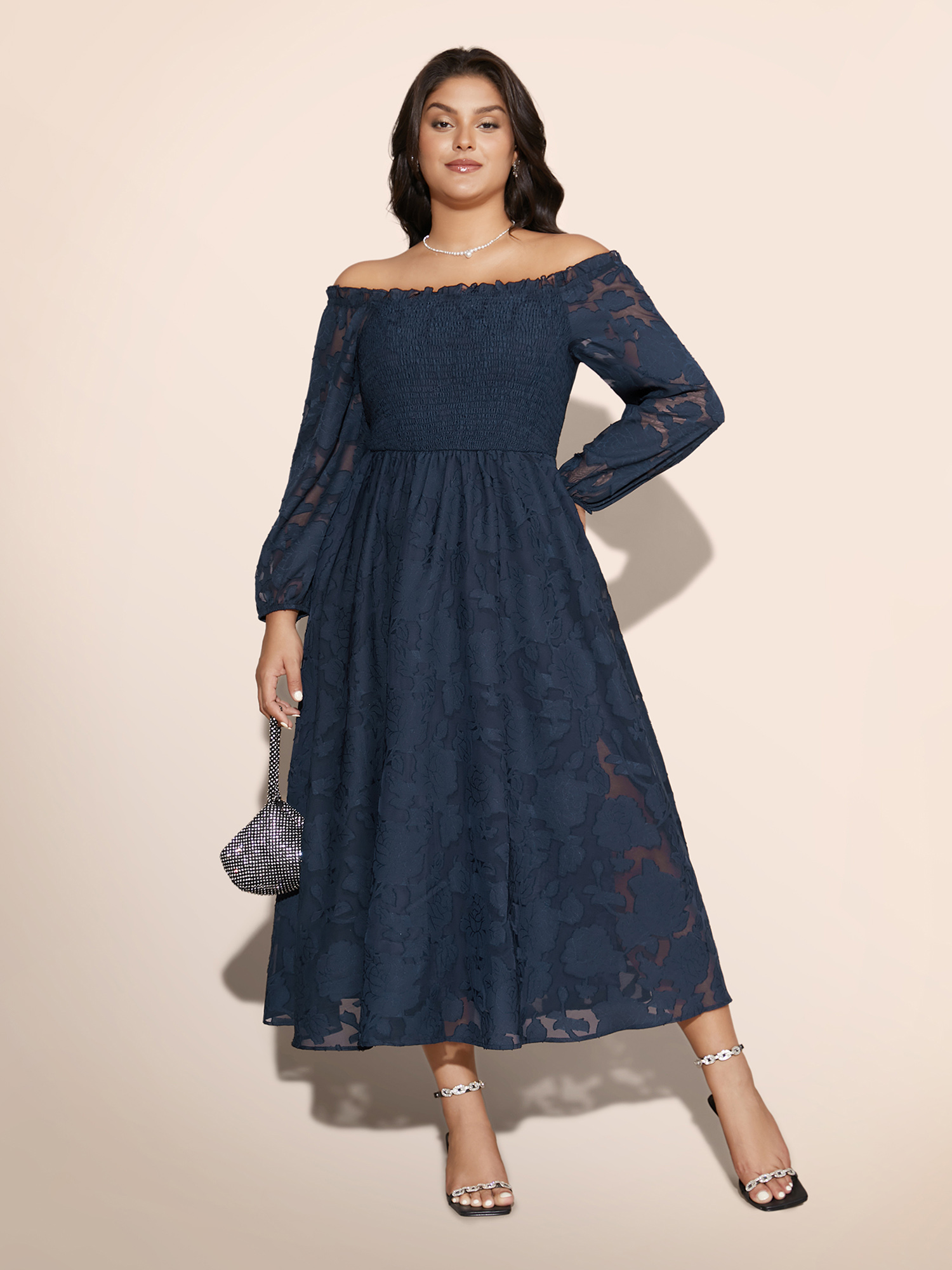 

Plus Size Off Shoulder Shirred Frill Trim Dress Navy Women Cocktail Texture One-shoulder neck Long Sleeve Curvy BloomChic