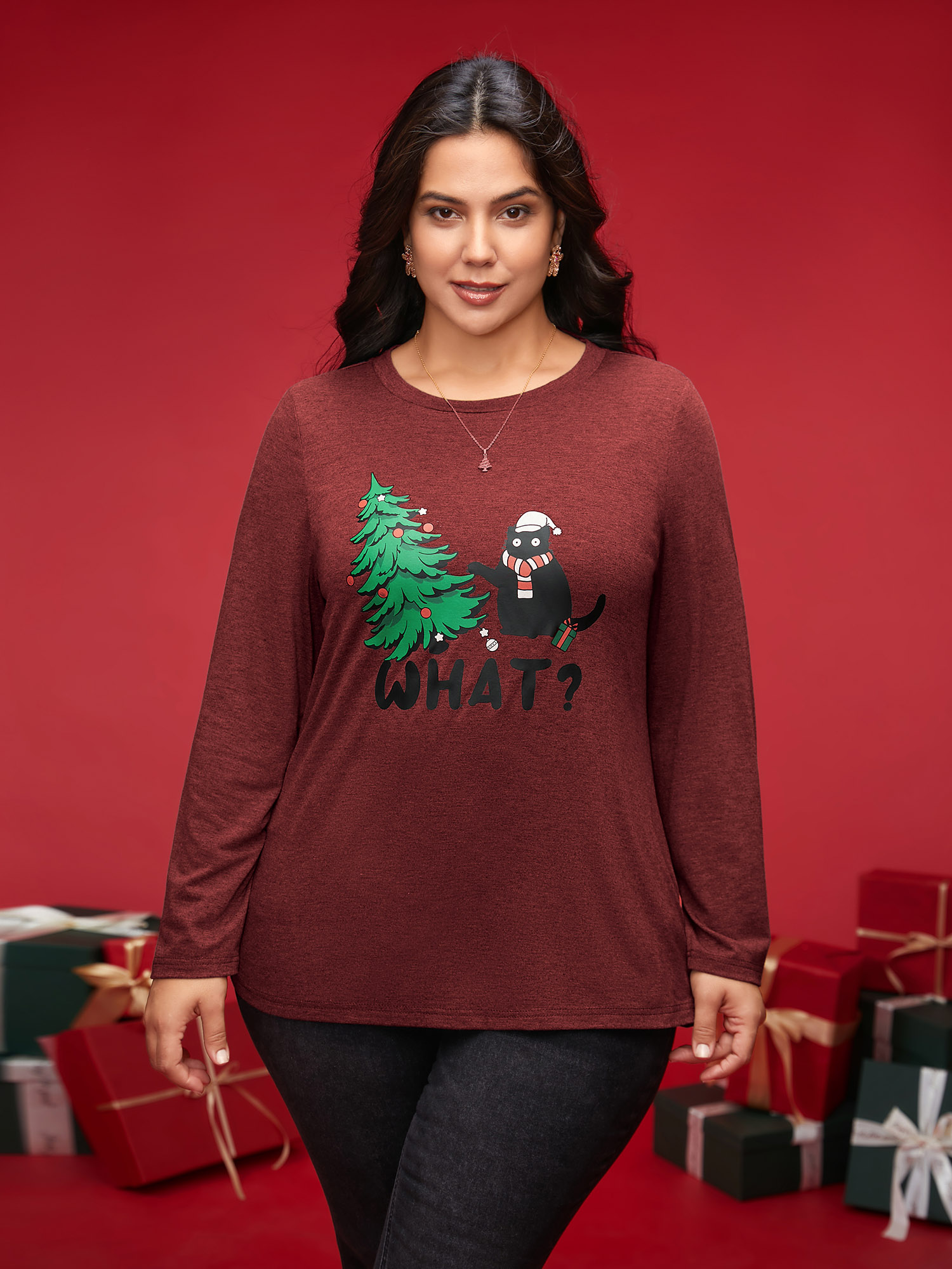 

Plus Size Festive Cat And Tree Printed Slim-Fit Tee Scarlet Women Casual Non Christmas Round Neck Everyday T-shirts BloomChic