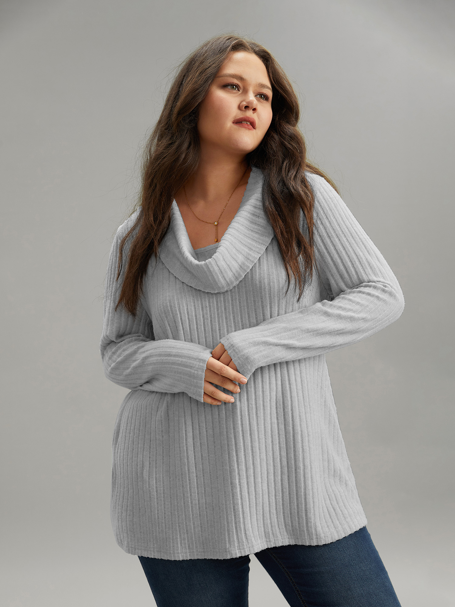 

Plus Size Plain Rib Knit Cowl Neck T-shirt LightGray Women Elegant Texture Plain Ruffled collar Dailywear T-shirts BloomChic