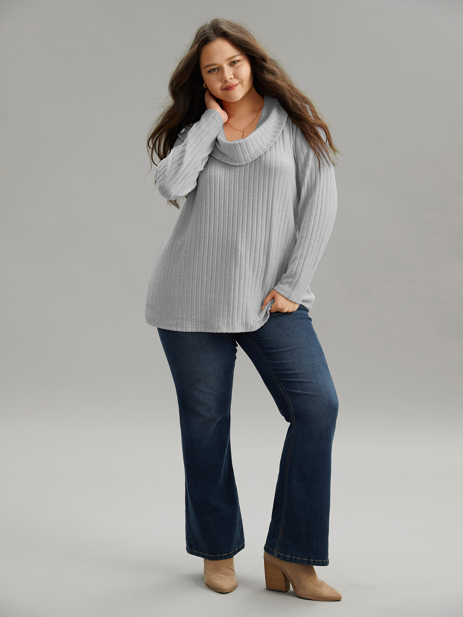 

Plus Size Plain Rib Knit Cowl Neck T-shirt LightGray Women Elegant Texture Plain Ruffled collar Dailywear T-shirts BloomChic