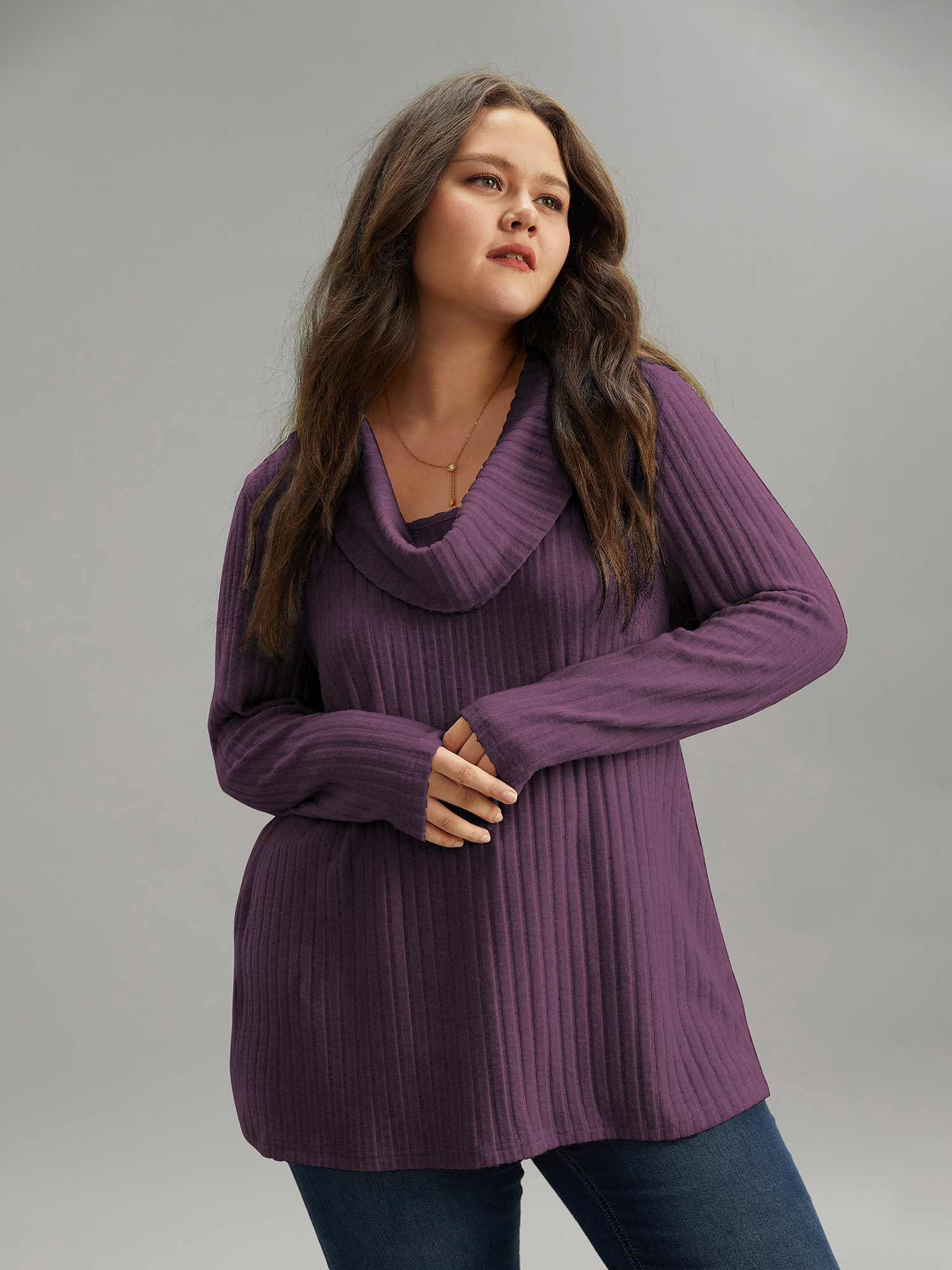 

Plus Size Plain Rib Knit Cowl Neck T-shirt Eggplant Women Elegant Texture Plain Ruffled collar Dailywear T-shirts BloomChic