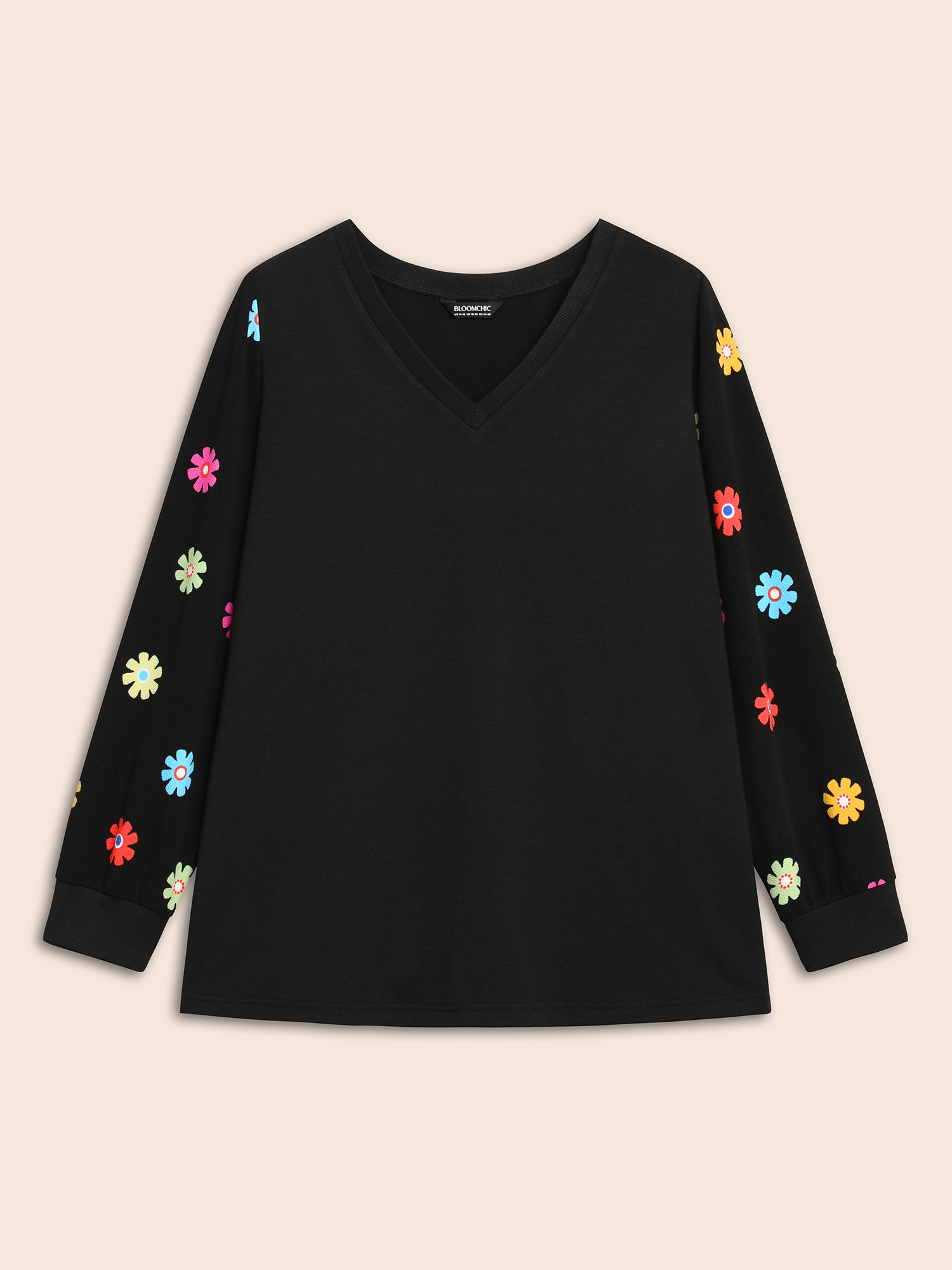 

Plus Size V Neck Floral Slightly Stretchy Sweatshirt Women Black Elegant Contrast Non Everyday Sweatshirts BloomChic