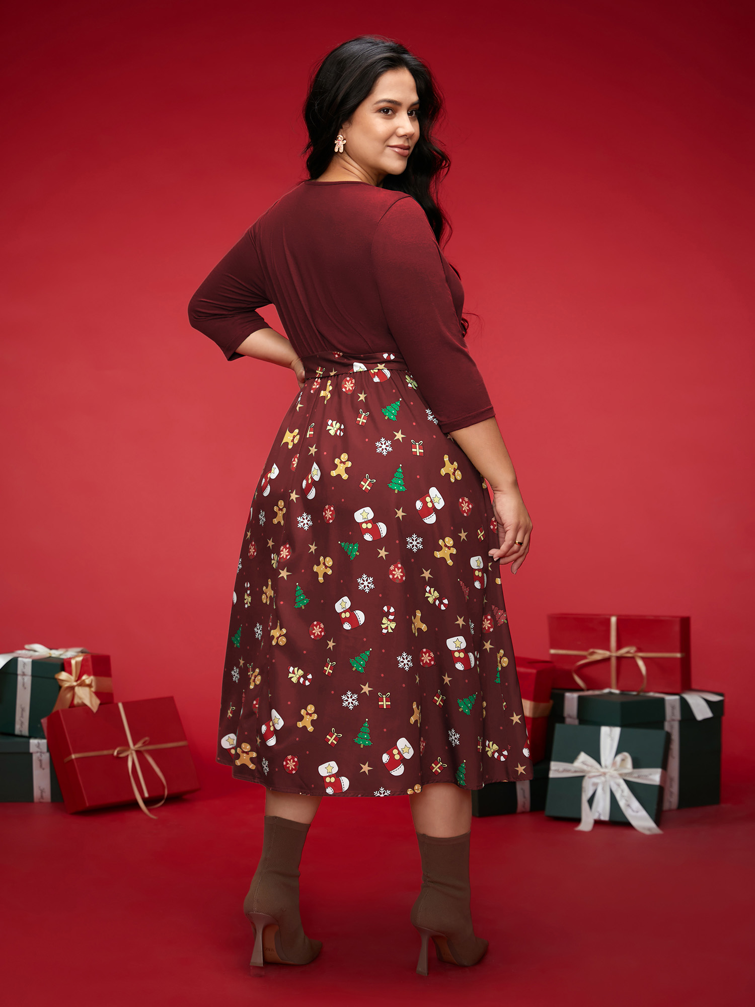 

Plus Size Holiday Everything Printed Skirt Fit-and-Flare Midi Dress Burgundy Women Elegant Belted Round Neck Elbow-length sleeve Curvy BloomChic