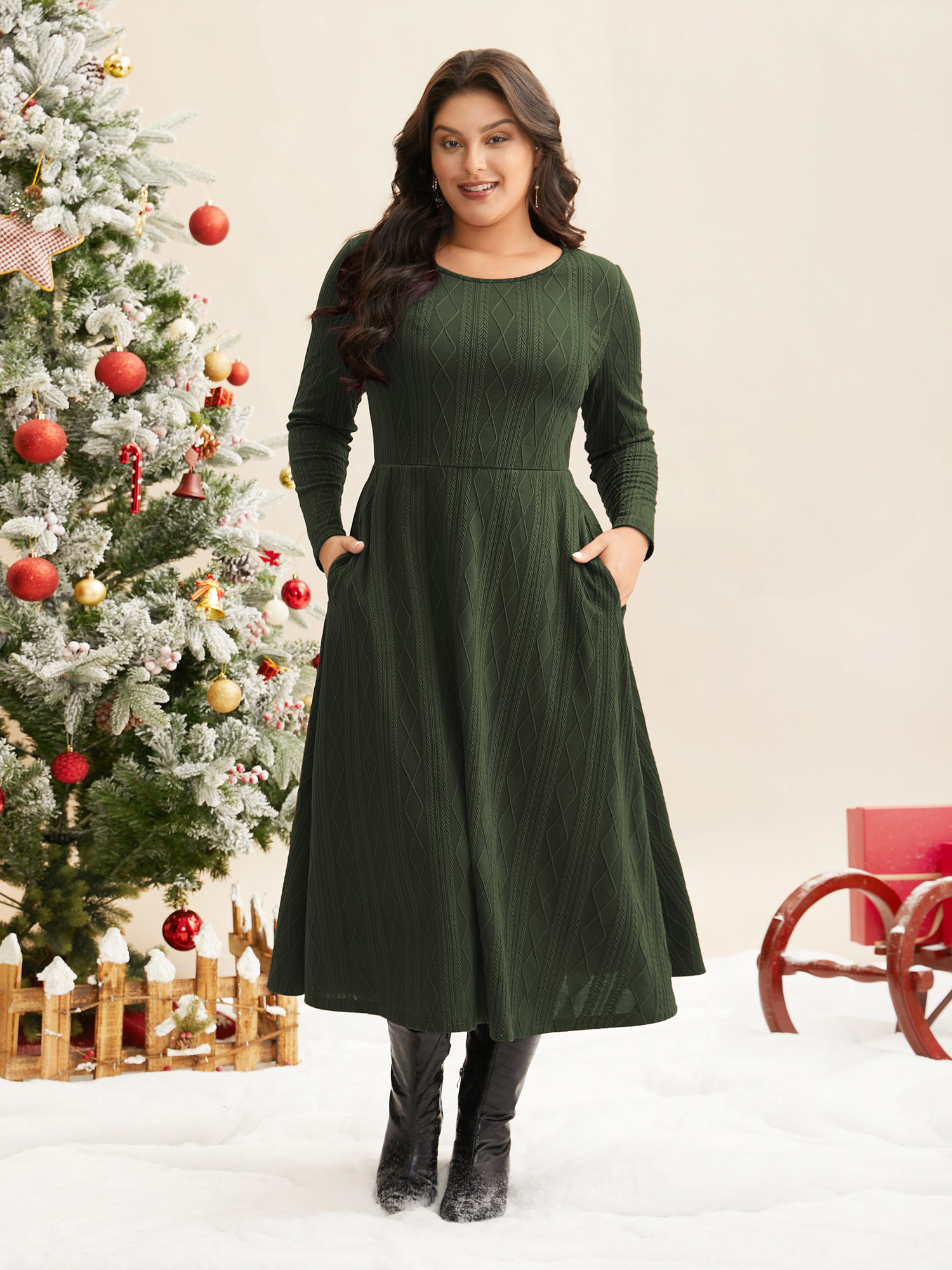 

Plus Size Textured Knit Fit-And-Flare Midi Dress ArmyGreen Women Casual Texture Round Neck Long Sleeve Curvy BloomChic