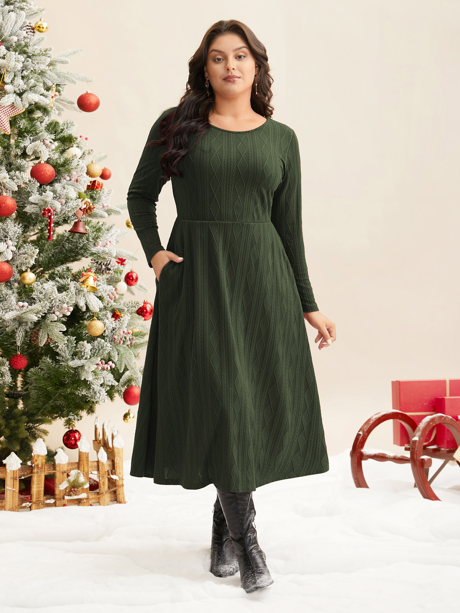 

Plus Size Textured Knit Fit-And-Flare Midi Dress ArmyGreen Women Casual Texture Round Neck Long Sleeve Curvy BloomChic