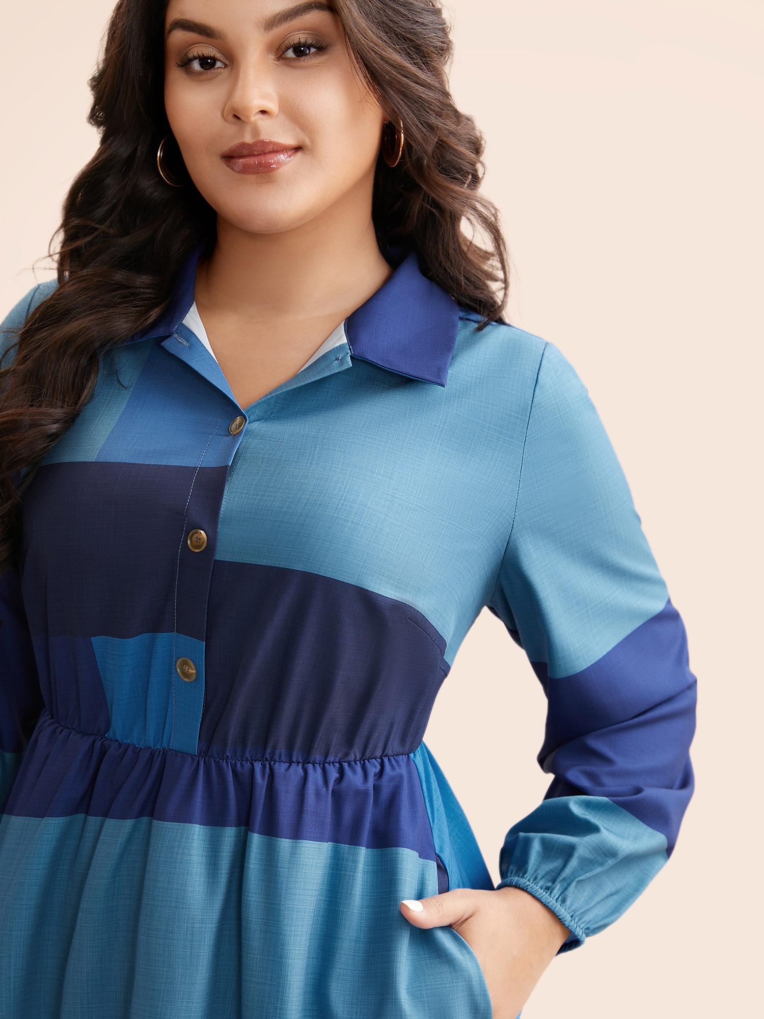 Plus Size Shirt Collar Colorblock Contrast Midi Dress DarkBlue Women Elegant Contrast Shirt collar Long Sleeve Curvy BloomChic 22-24/3X 
