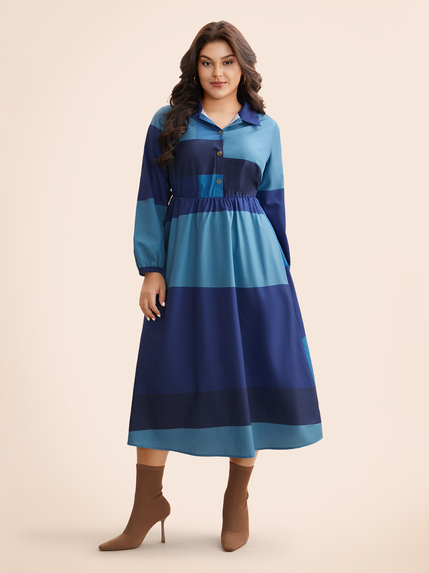 Plus Size Shirt Collar Colorblock Contrast Midi Dress DarkBlue Women Elegant Contrast Shirt collar Long Sleeve Curvy BloomChic 22-24/3X 
