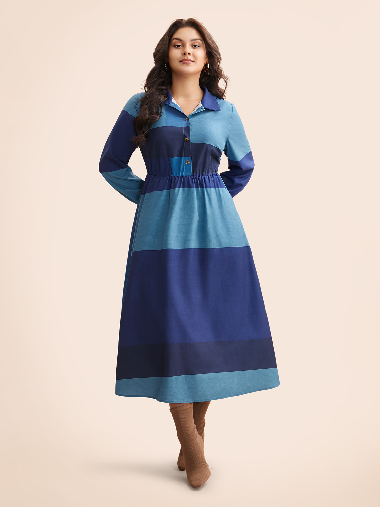 Plus Size Shirt Collar Colorblock Contrast Midi Dress DarkBlue Women Elegant Contrast Shirt collar Long Sleeve Curvy BloomChic 22-24/3X 