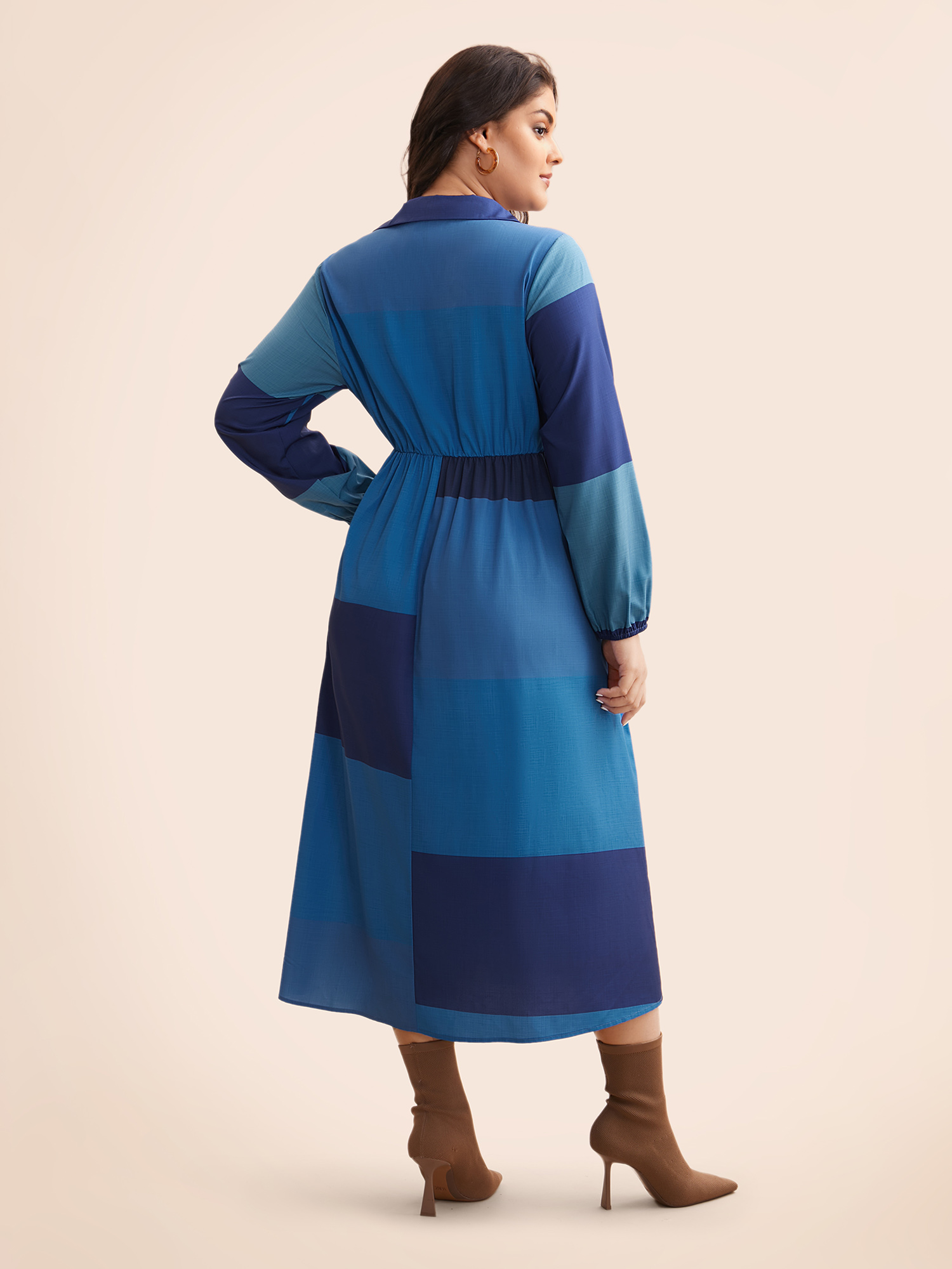 

Plus Size Shirt Collar Colorblock Contrast Midi Dress DarkBlue Women Elegant Contrast Shirt collar Long Sleeve Curvy BloomChic