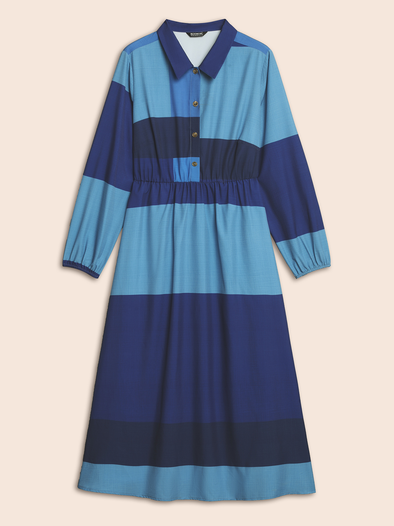 Plus Size Shirt Collar Colorblock Contrast Midi Dress DarkBlue Women Elegant Contrast Shirt collar Long Sleeve Curvy BloomChic 22-24/3X 