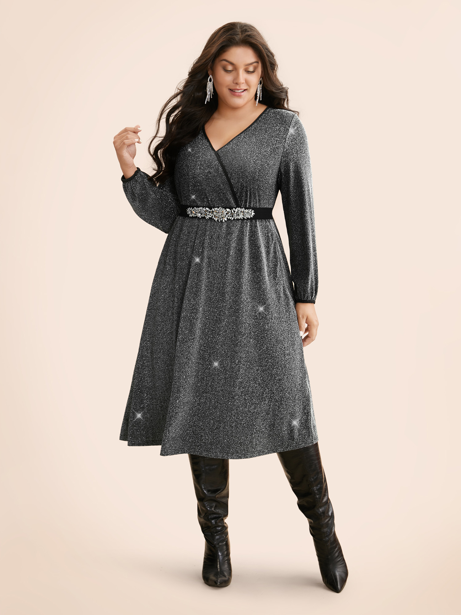 

Plus Size Overlap Collar Luxe Lantern Sleeve Dress Black Women Cocktail Texture Party Curvy Bloomchic