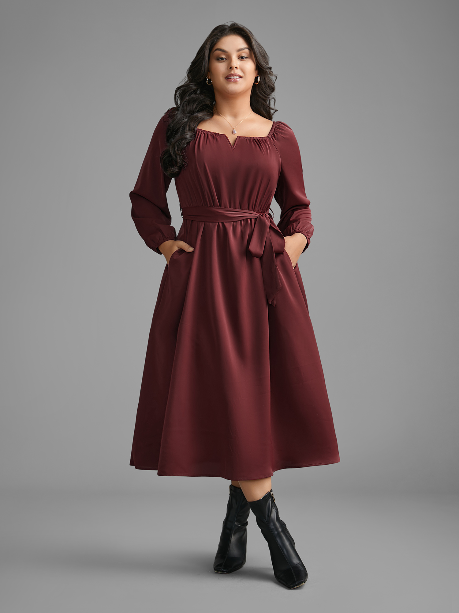 

Plus Size Square Neck Gathered Belted Midi Dress Burgundy Women Elegant Texture Square Neck Long Sleeve Curvy BloomChic