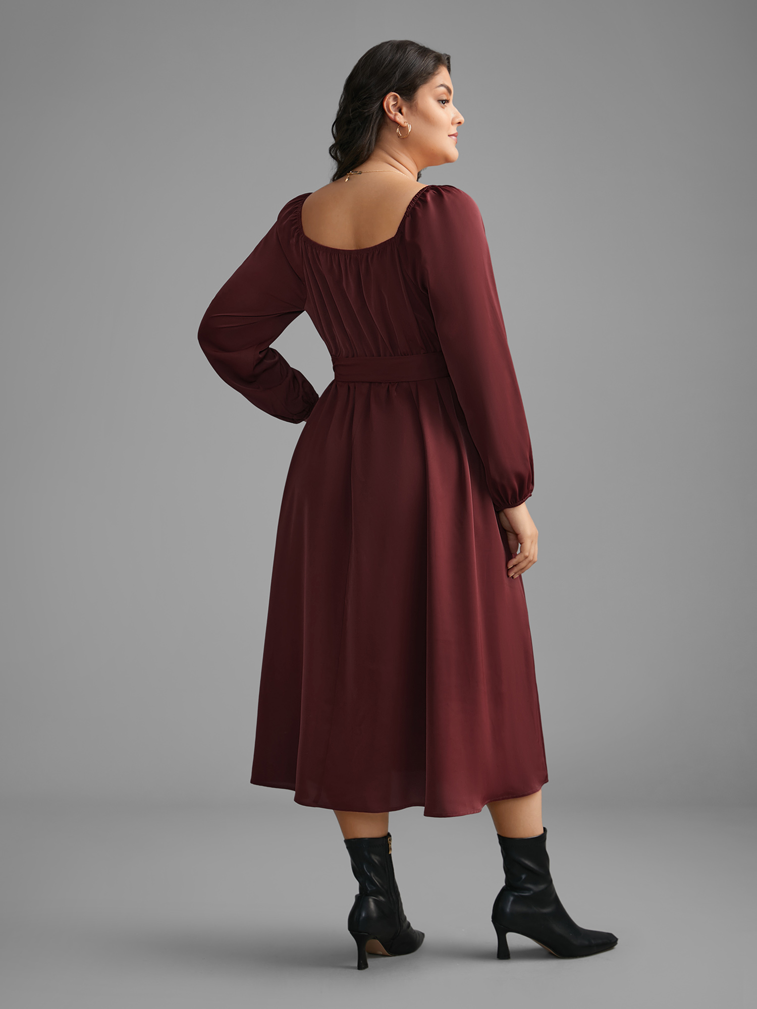 

Plus Size Square Neck Gathered Belted Midi Dress Burgundy Women Elegant Texture Square Neck Long Sleeve Curvy BloomChic