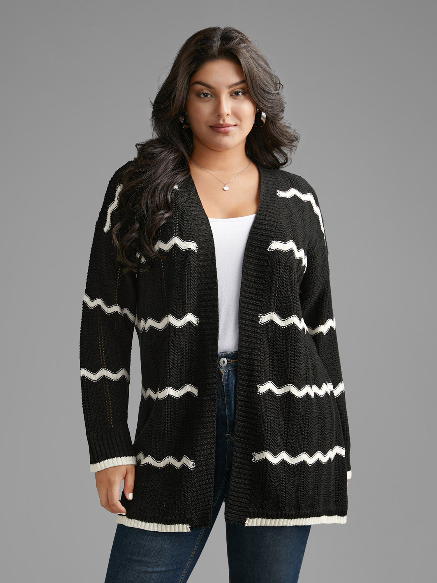 

Plus Size Striped Textured Pointelle Knit Cardigan Black Women Casual Long Sleeve Everyday Cardigans BloomChic