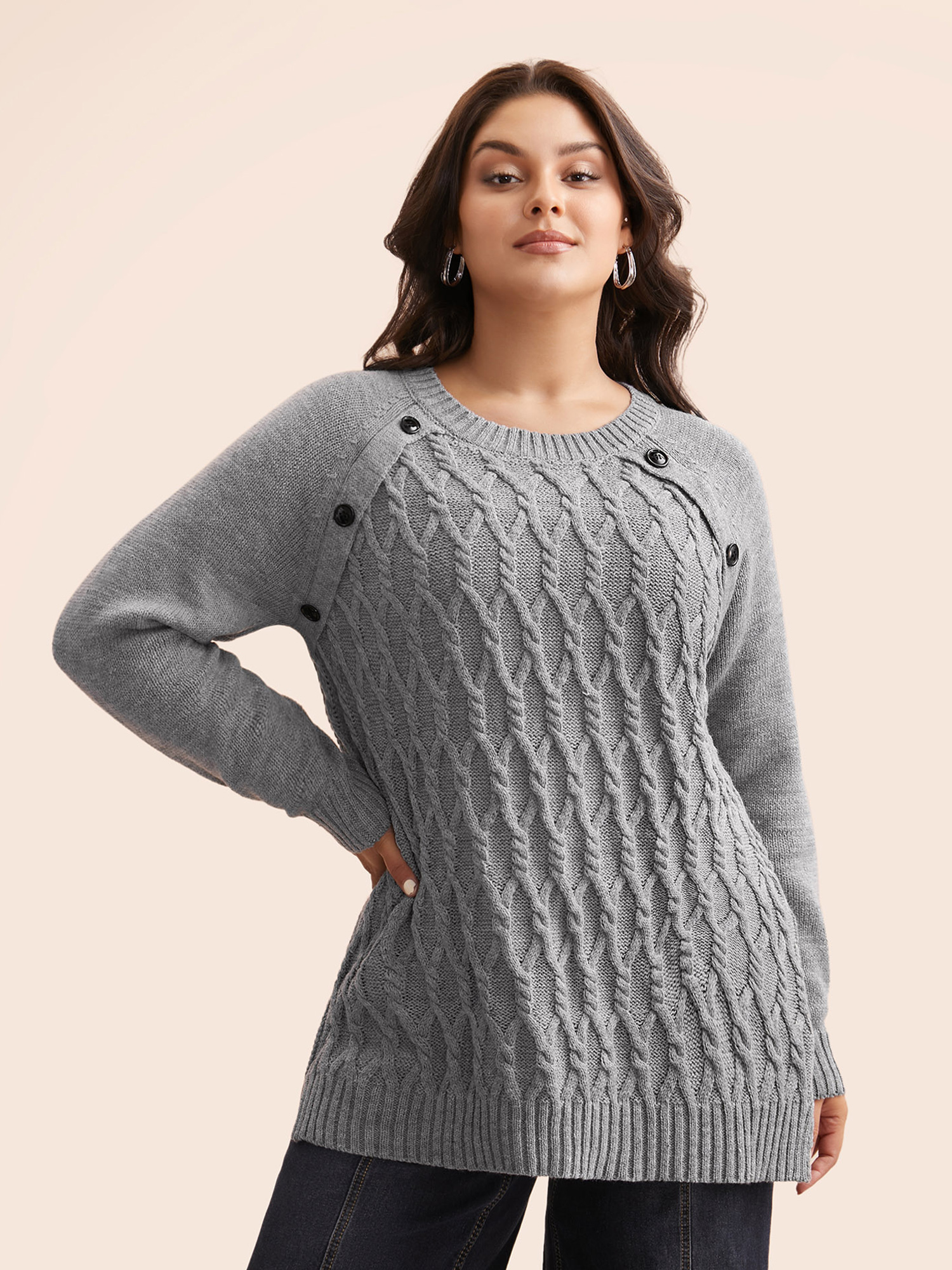 

Plus Size Texture Cable Knit Button Detail Pullover Mediumgray Women Casual Loose Long Sleeve Round Neck Everyday Pullovers BloomChic