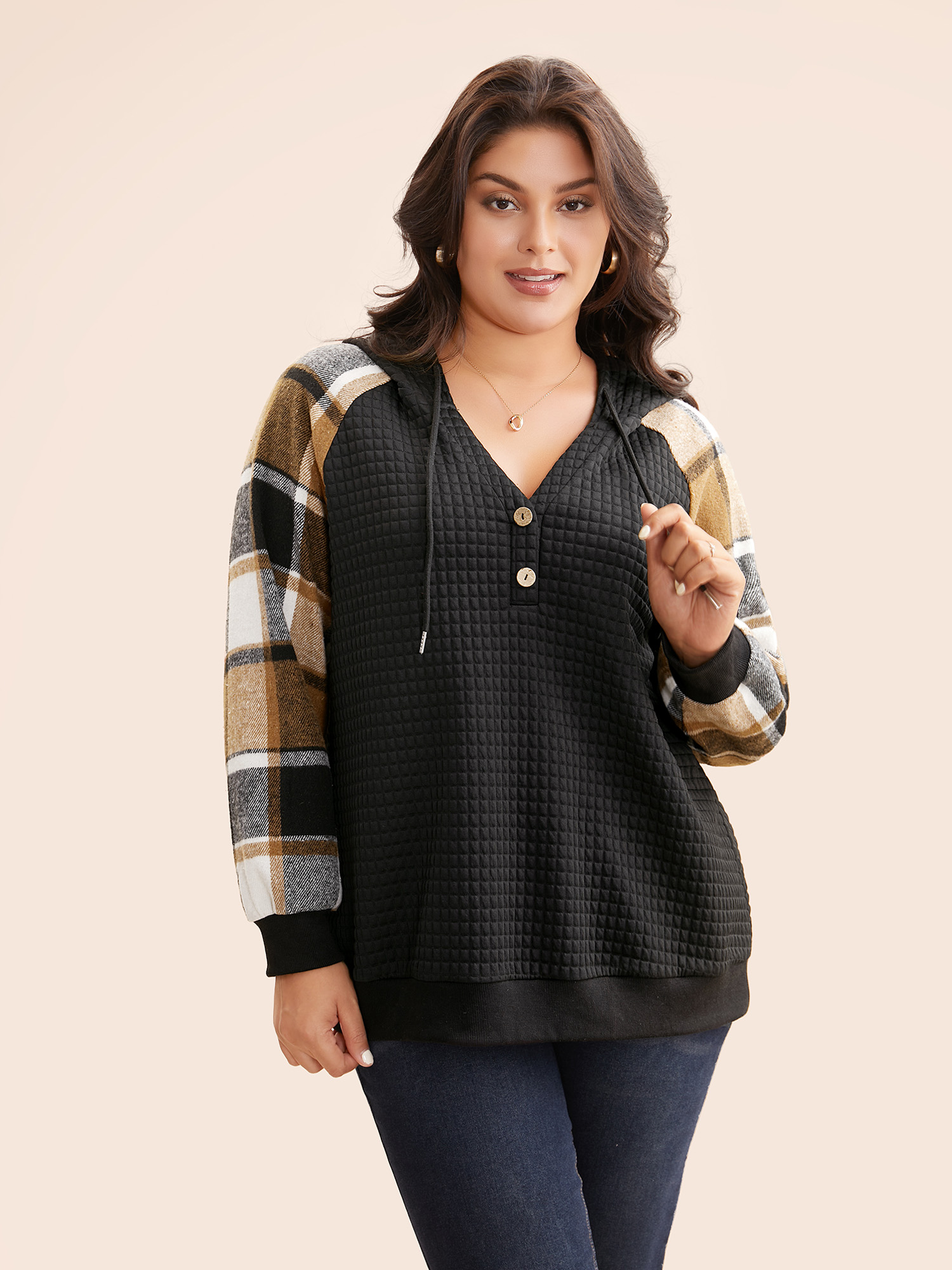 Plus Size Plaid Patchwork Hooded Raglan Sleeve Sweatshirt Women Black Casual Texture Hooded Everyday Sweatshirts BloomChic 26/4X 