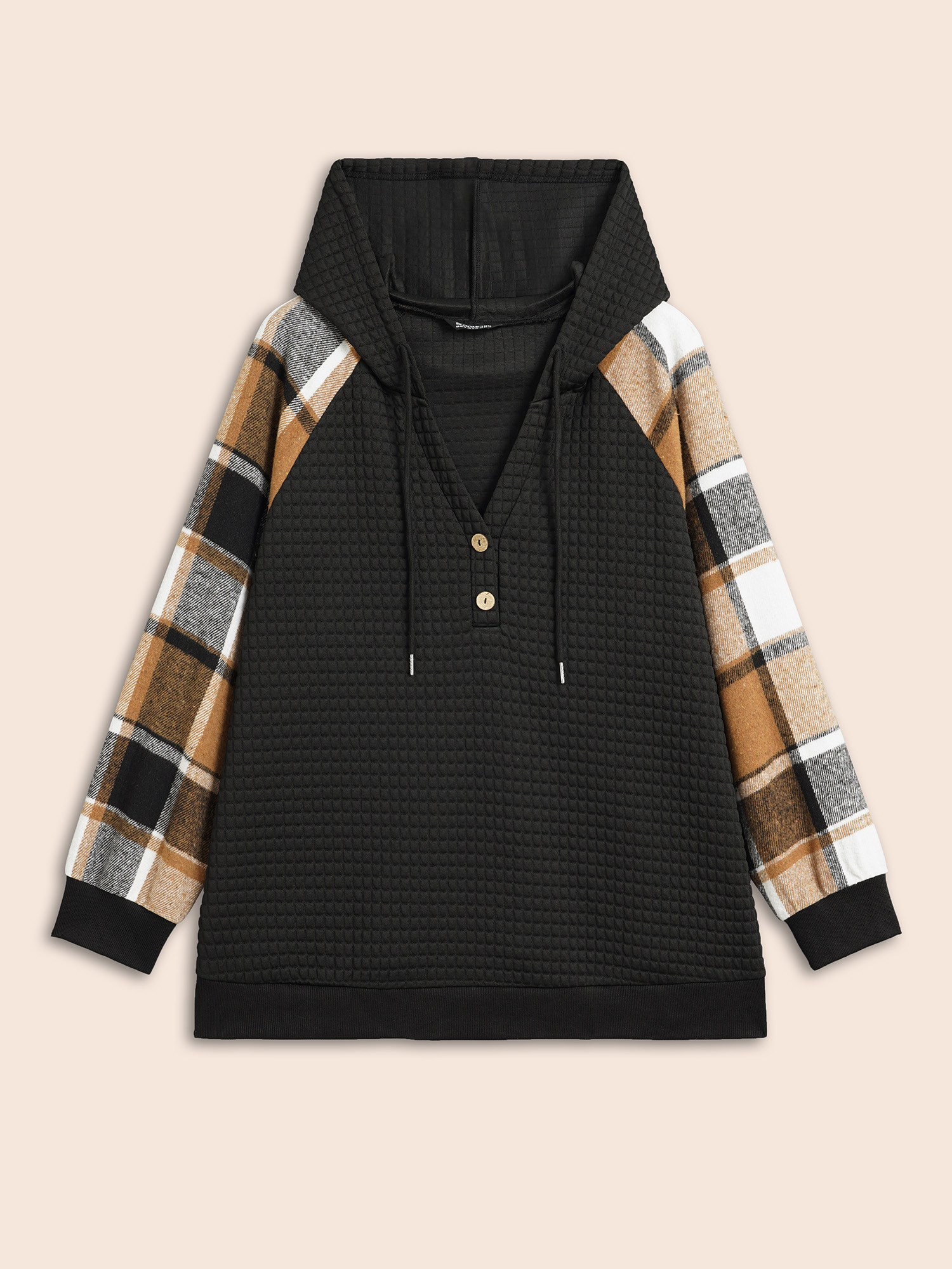 

Plus Size Plaid Patchwork Hooded Raglan Sleeve Sweatshirt Women Black Casual Texture Hooded Everyday Sweatshirts BloomChic