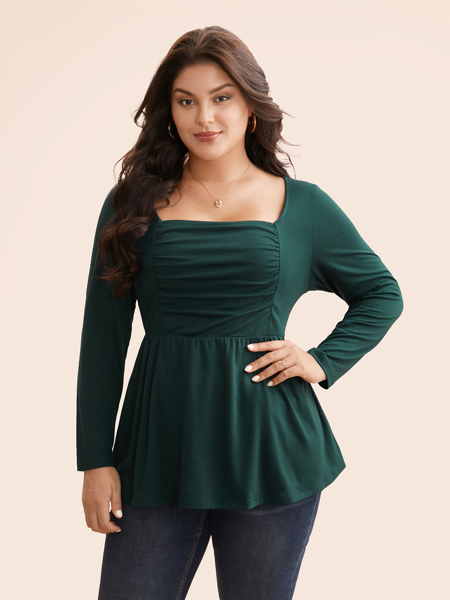 

Plus Size Square Neck Ruched Jersey Top DarkGreen Square Neck Extra Long Sleeve Elegant Jersey Tops