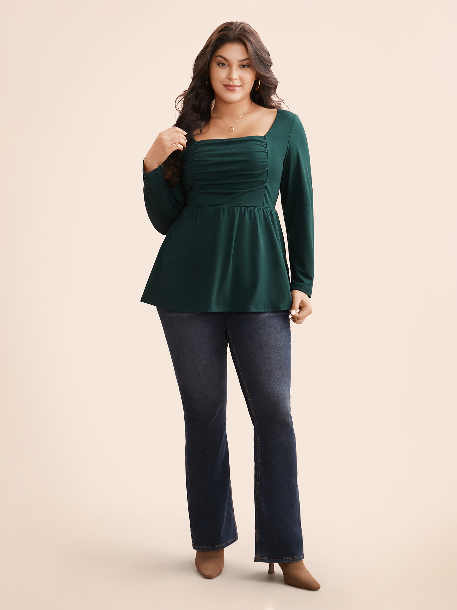 

Plus Size Square Neck Ruched Jersey Top DarkGreen Square Neck Extra Long Sleeve Elegant Jersey Tops