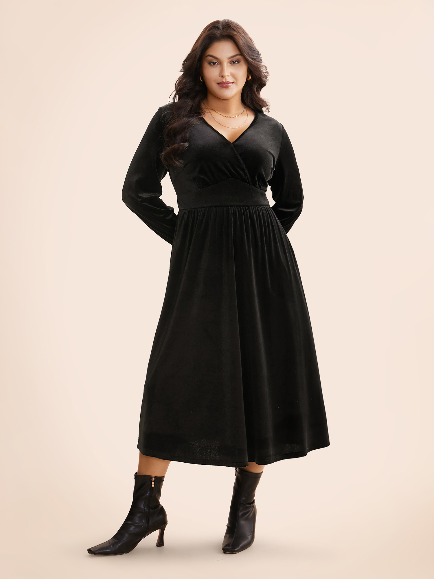 

Plus Size Velvet Overlap Collar Shirred Gathered Dress Black Women Elegant Texture Overlap Collar Long Sleeve Curvy BloomChic