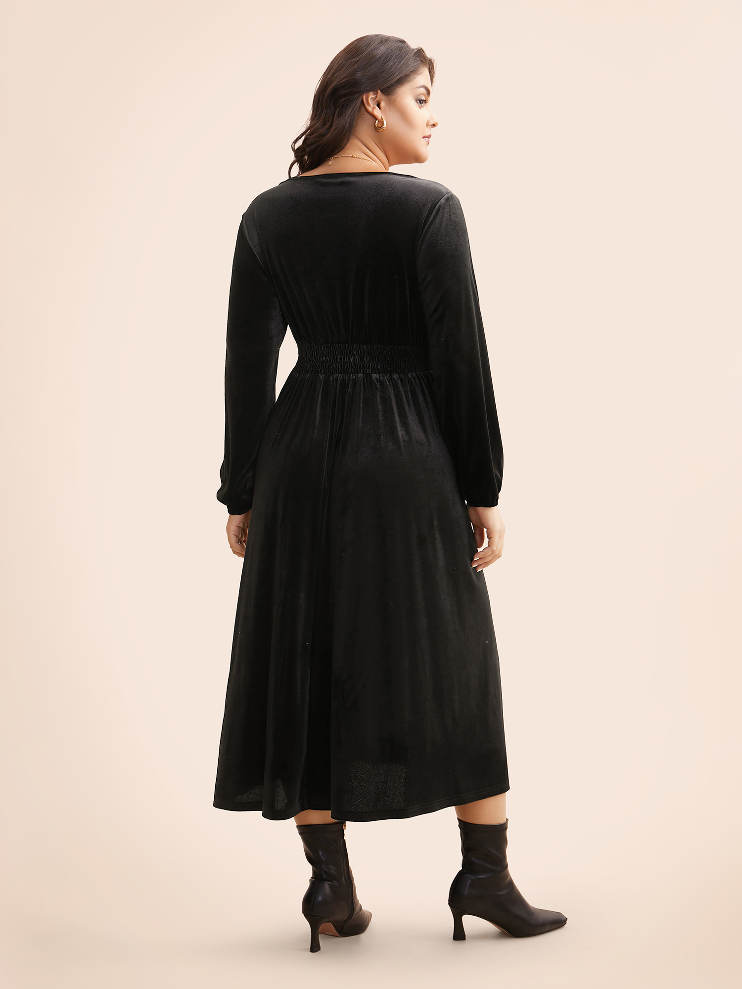 

Plus Size Velvet Overlap Collar Shirred Gathered Dress Black Women Elegant Texture Overlap Collar Long Sleeve Curvy BloomChic