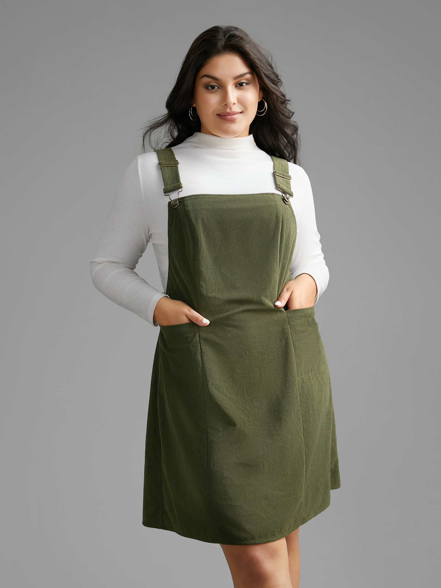 

Plus Size Corduroy Patch Pocket Adjustable Straps Dress ArmyGreen Women Casual Texture Non Sleeveless Curvy BloomChic