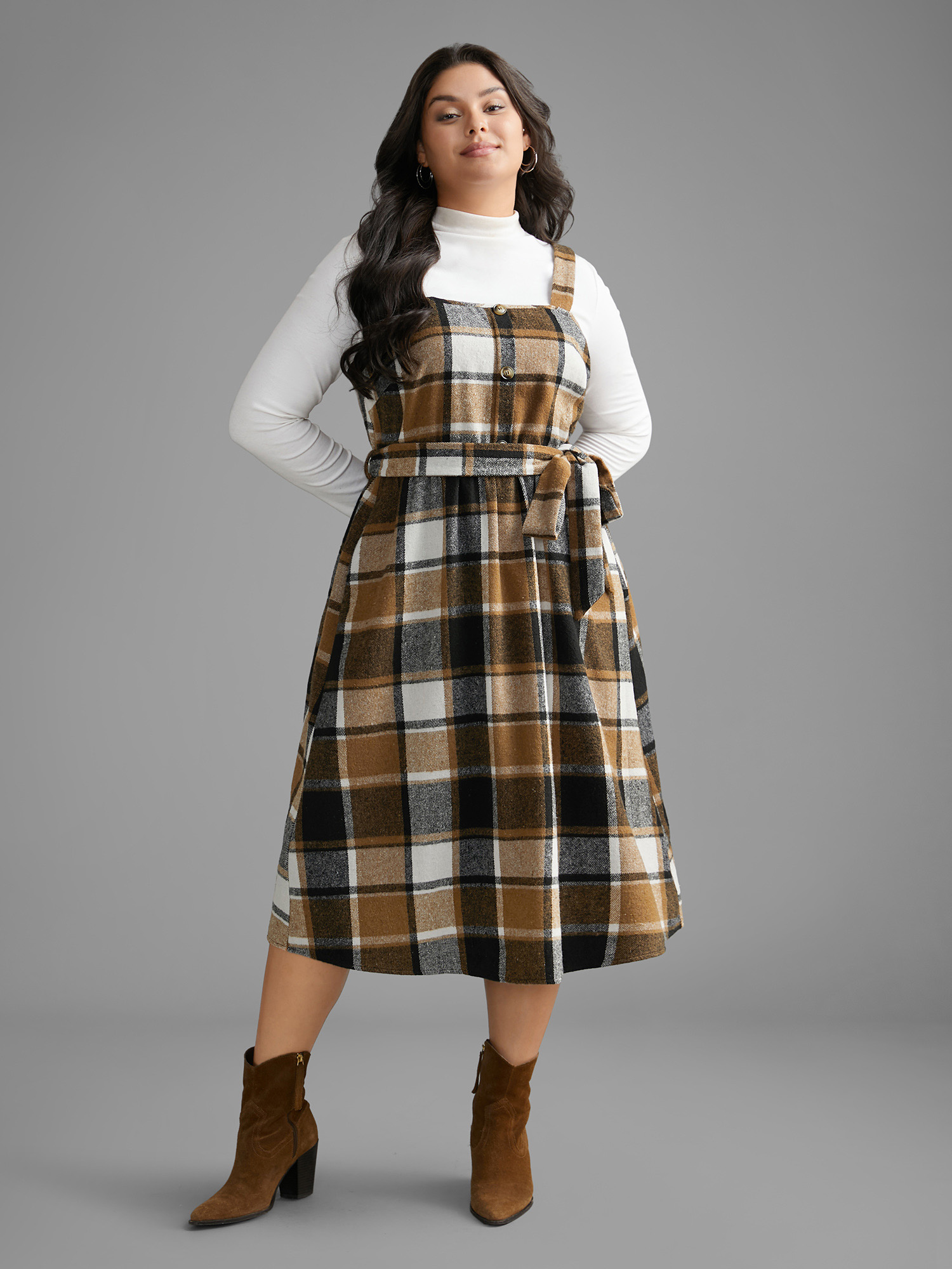 

Plus Size Square Neck Plaid Button Detail Belted Dress Wheat Women Casual Belted Square Neck Sleeveless Curvy BloomChic