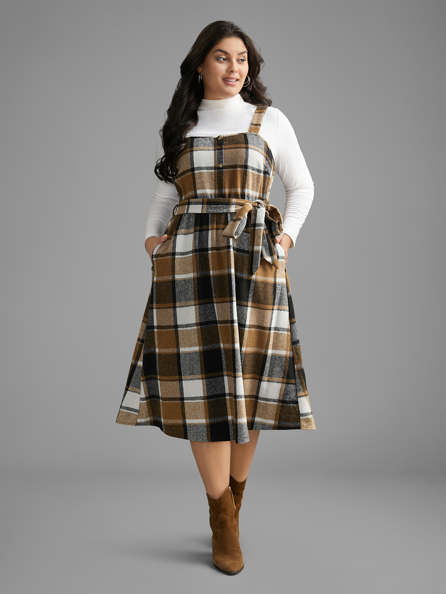 

Plus Size Square Neck Plaid Button Detail Belted Dress Wheat Women Casual Belted Square Neck Sleeveless Curvy BloomChic